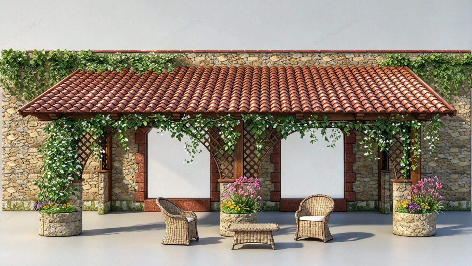 Mediterranean Garden Pergola Arbor Patio Sketchup 3D Model Preview - SketchupBox