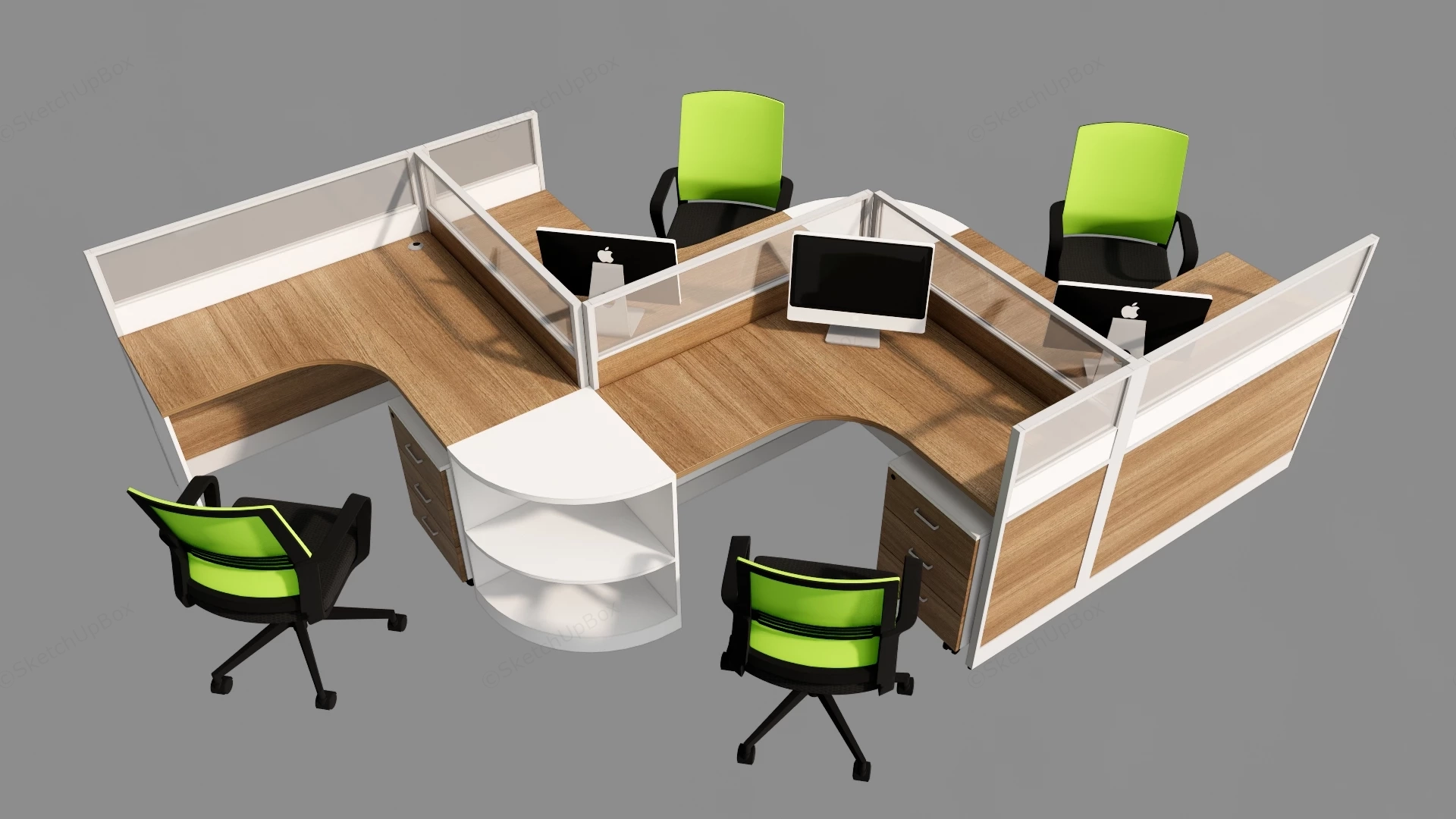 Modern 4 Person Office Workstation Desk Cluster Sketchup 3D Model Preview - SketchupBox