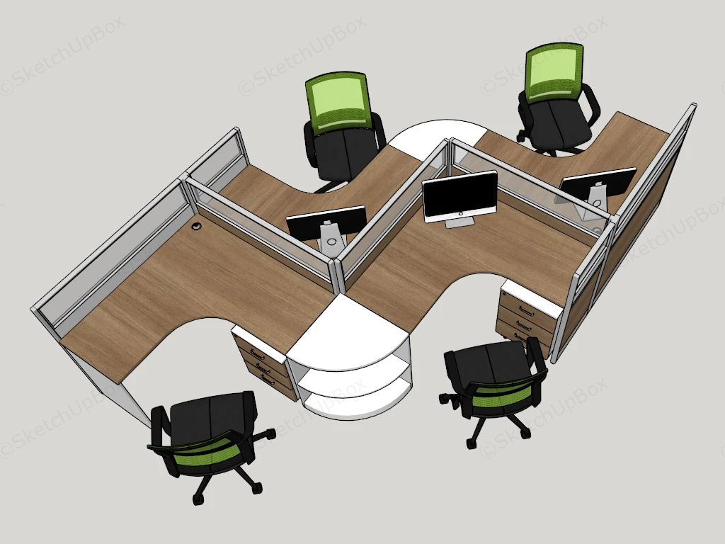 Modern 4 Person Office Workstation Desk Cluster Sketchup 3D Model Preview - SketchupBox