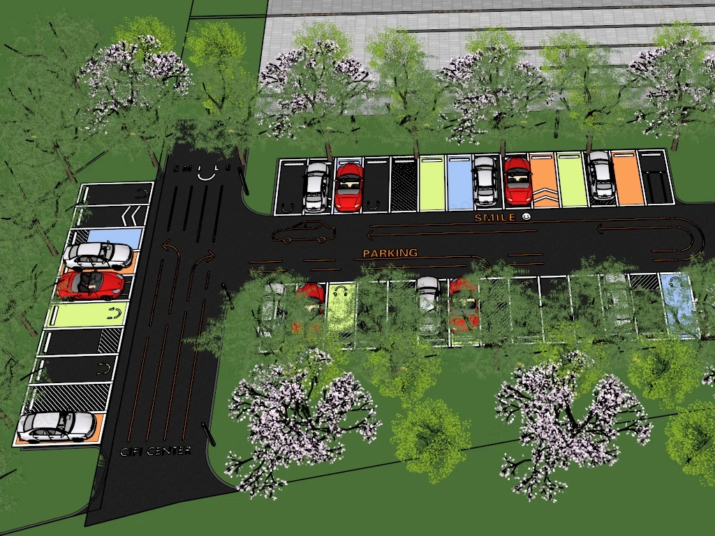 Eco Friendly Urban Parking Lot And Landscape Plan Sketchup 3D Model Preview - SketchupBox