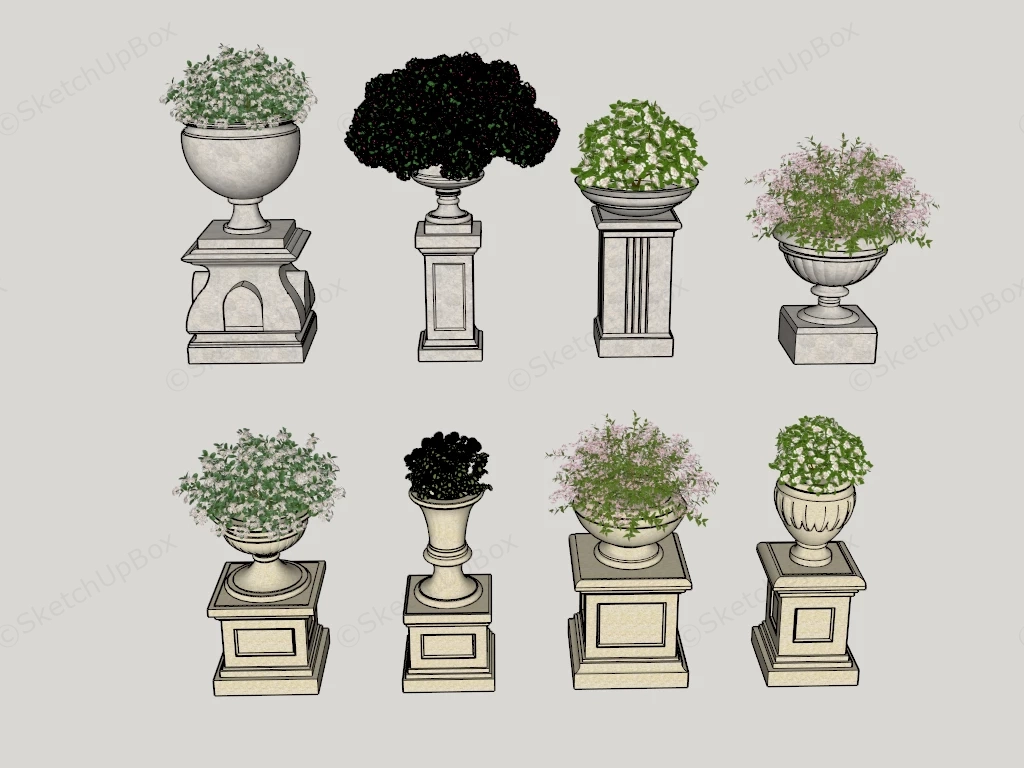 Classical European Stone Garden Urn And Pedestal Planter Sketchup 3D Model Preview - SketchupBox