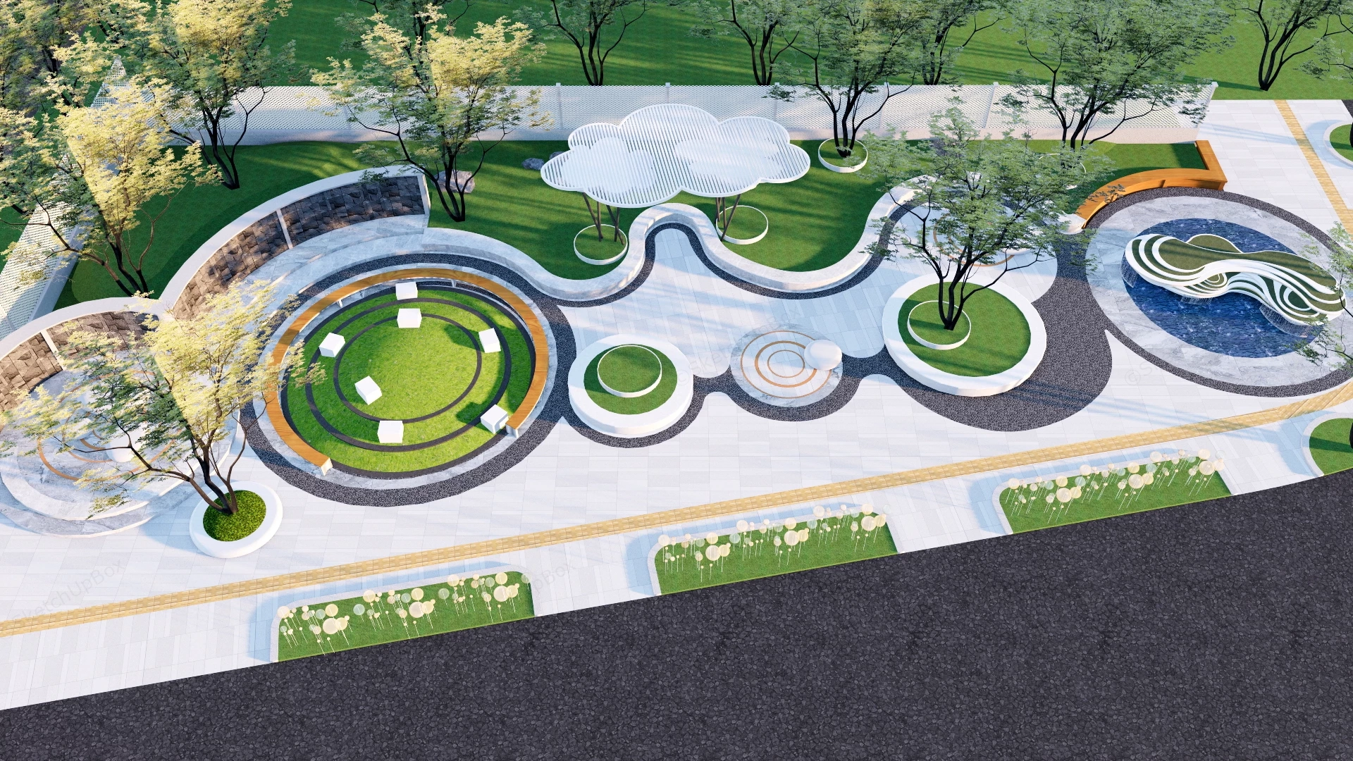 Modern Linear Urban Park Plaza Masterplan Sketchup 3D Model Preview - SketchupBox