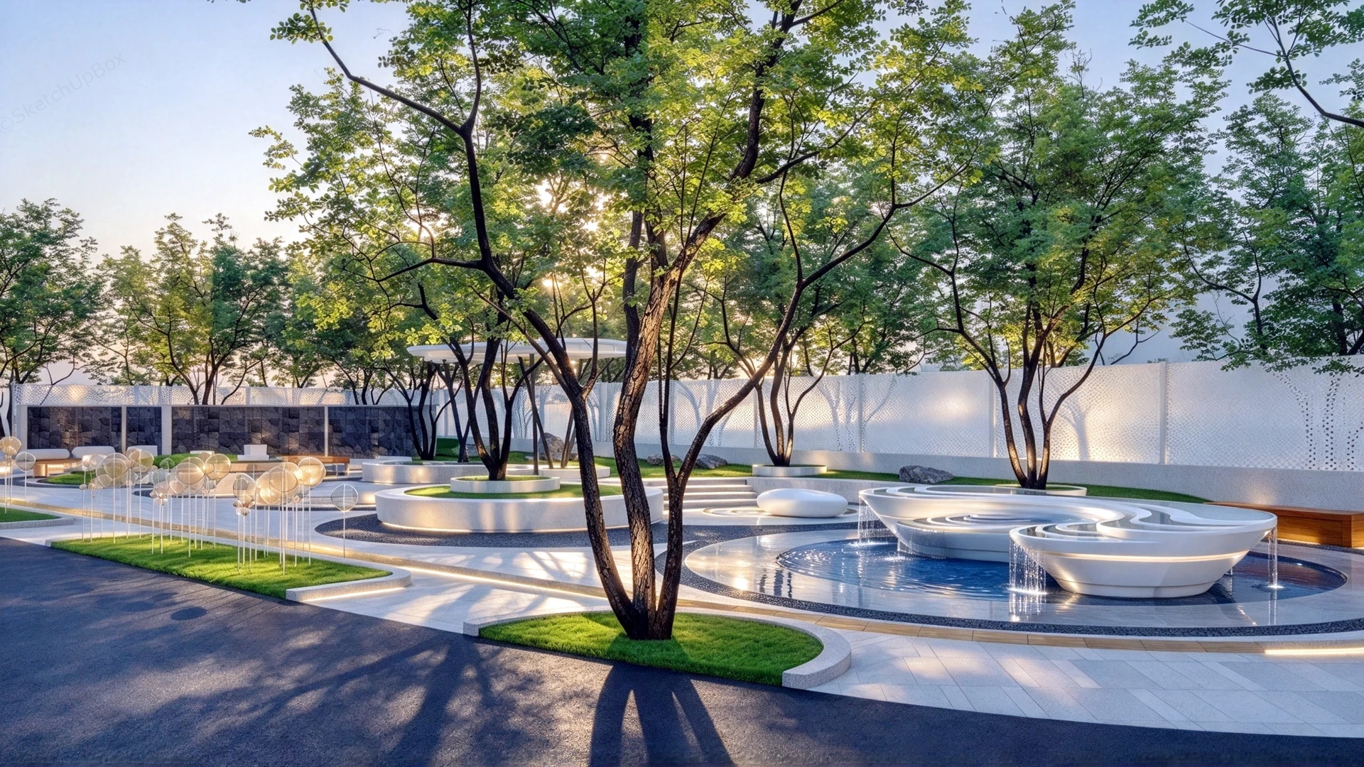 Modern Linear Urban Park Plaza Masterplan Sketchup 3D Model Preview - SketchupBox