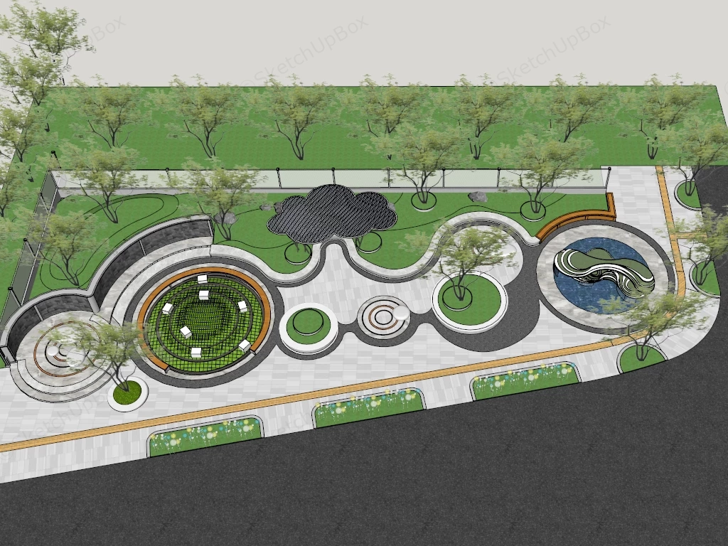 Modern Linear Urban Park Plaza Masterplan Sketchup 3D Model Preview - SketchupBox