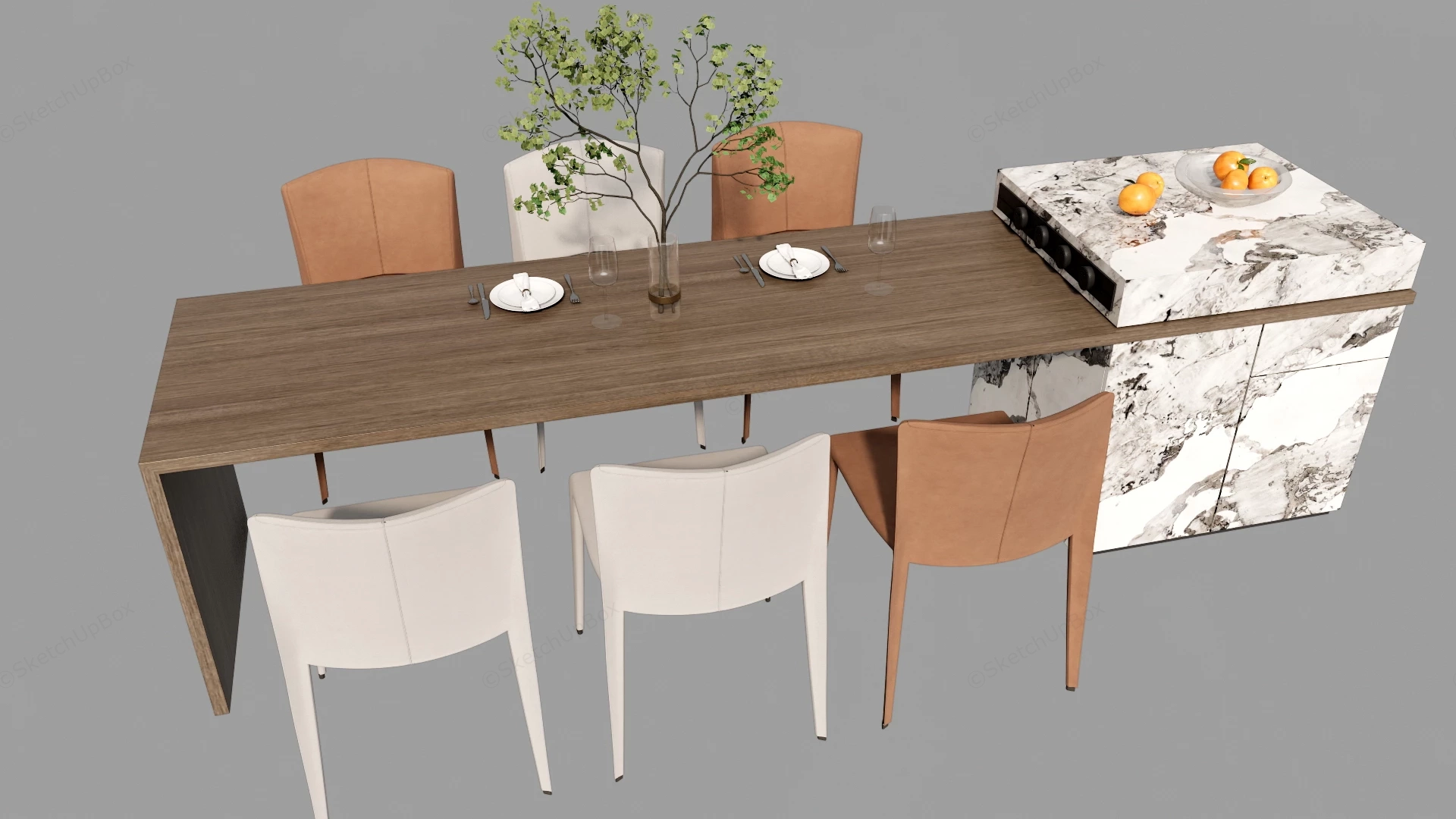 Modern Dining Table Set Integrated With A Kitchen Island Sketchup 3D Model Preview - SketchupBox