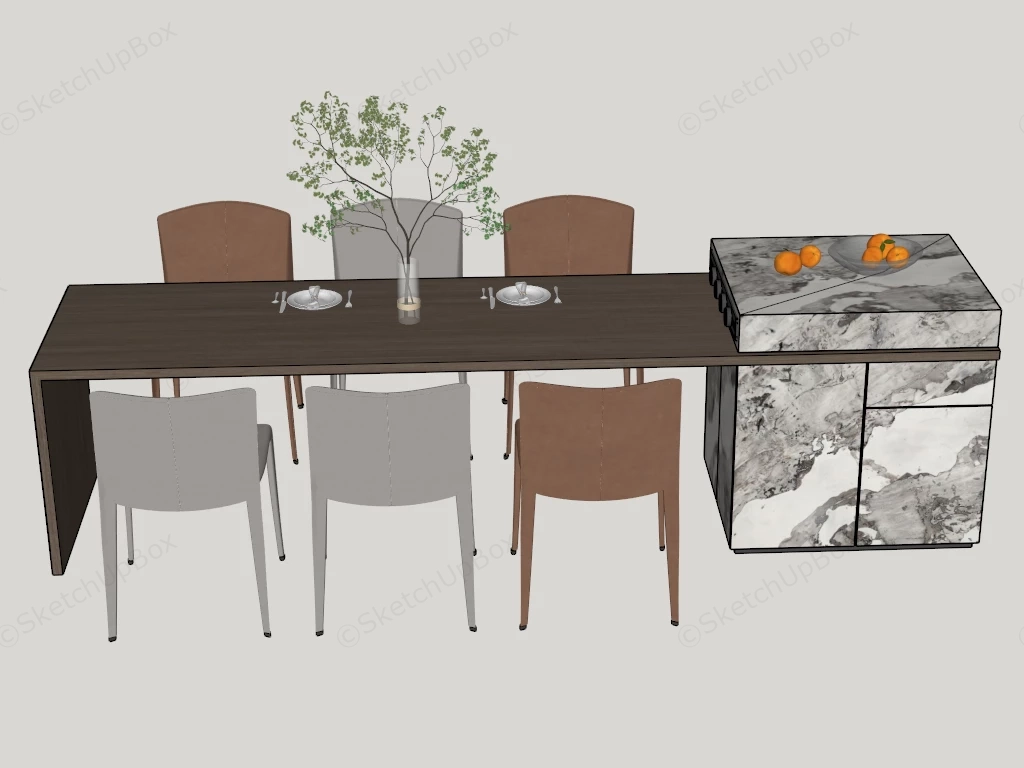 Modern Dining Table Set Integrated With A Kitchen Island Sketchup 3D Model Preview - SketchupBox
