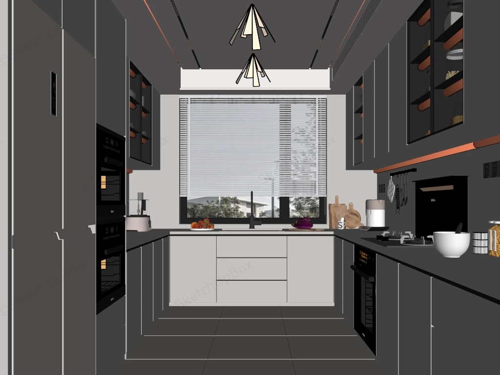 Modern Minimalist U Shaped Fitted Kitchen Sketchup 3D Model Preview - SketchupBox