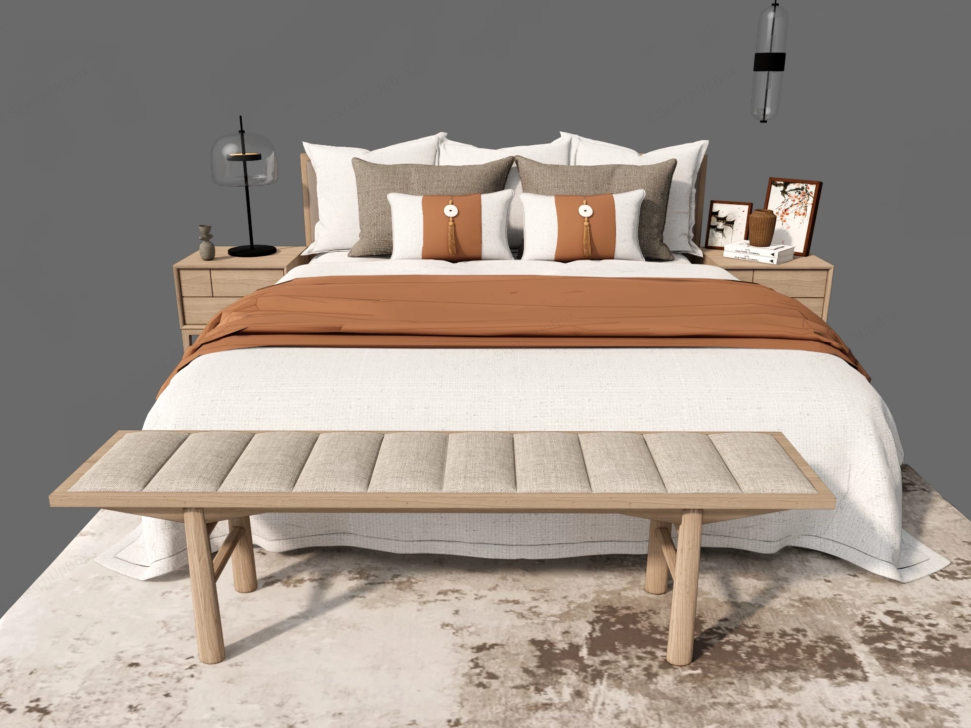 Modern Japandi Light Oak Bed Suite Sketchup 3D Model Preview - SketchupBox