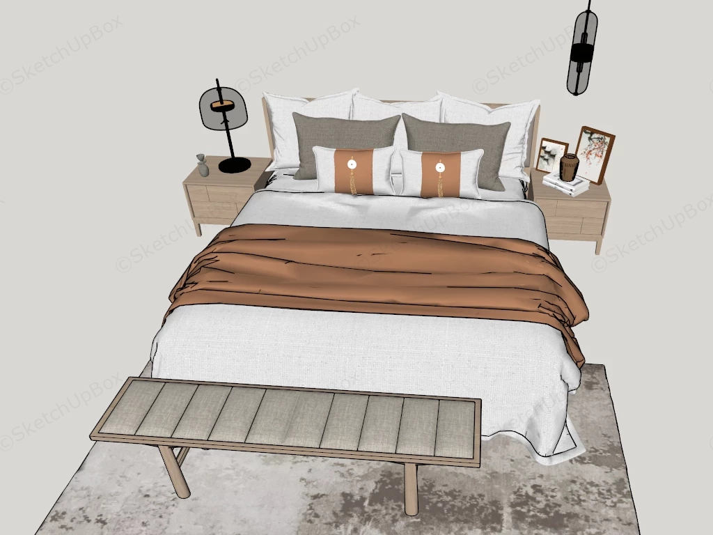 Modern Japandi Light Oak Bed Suite Sketchup 3D Model Preview - SketchupBox