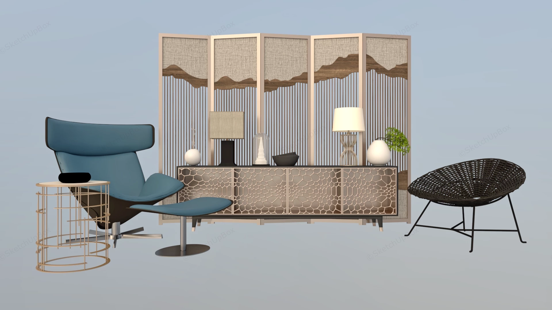 Modern Chinese Zen Folding Screen And Lounge Chair Sketchup 3D Model Preview - SketchupBox