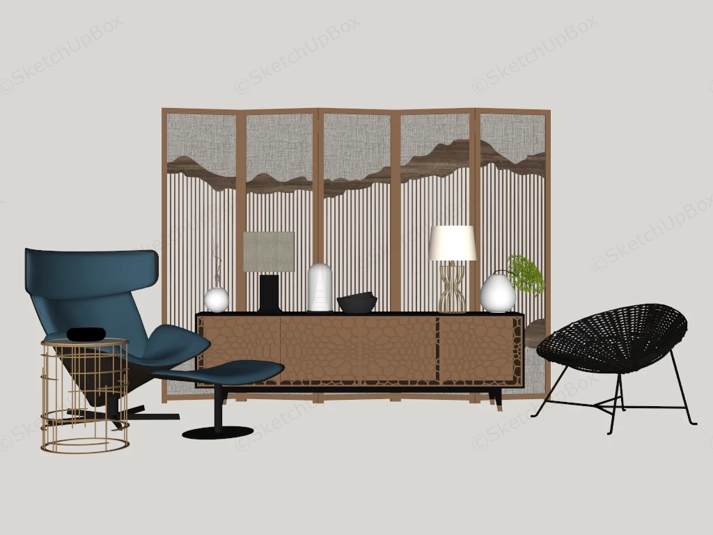 Modern Chinese Zen Folding Screen And Lounge Chair Sketchup 3D Model Preview - SketchupBox