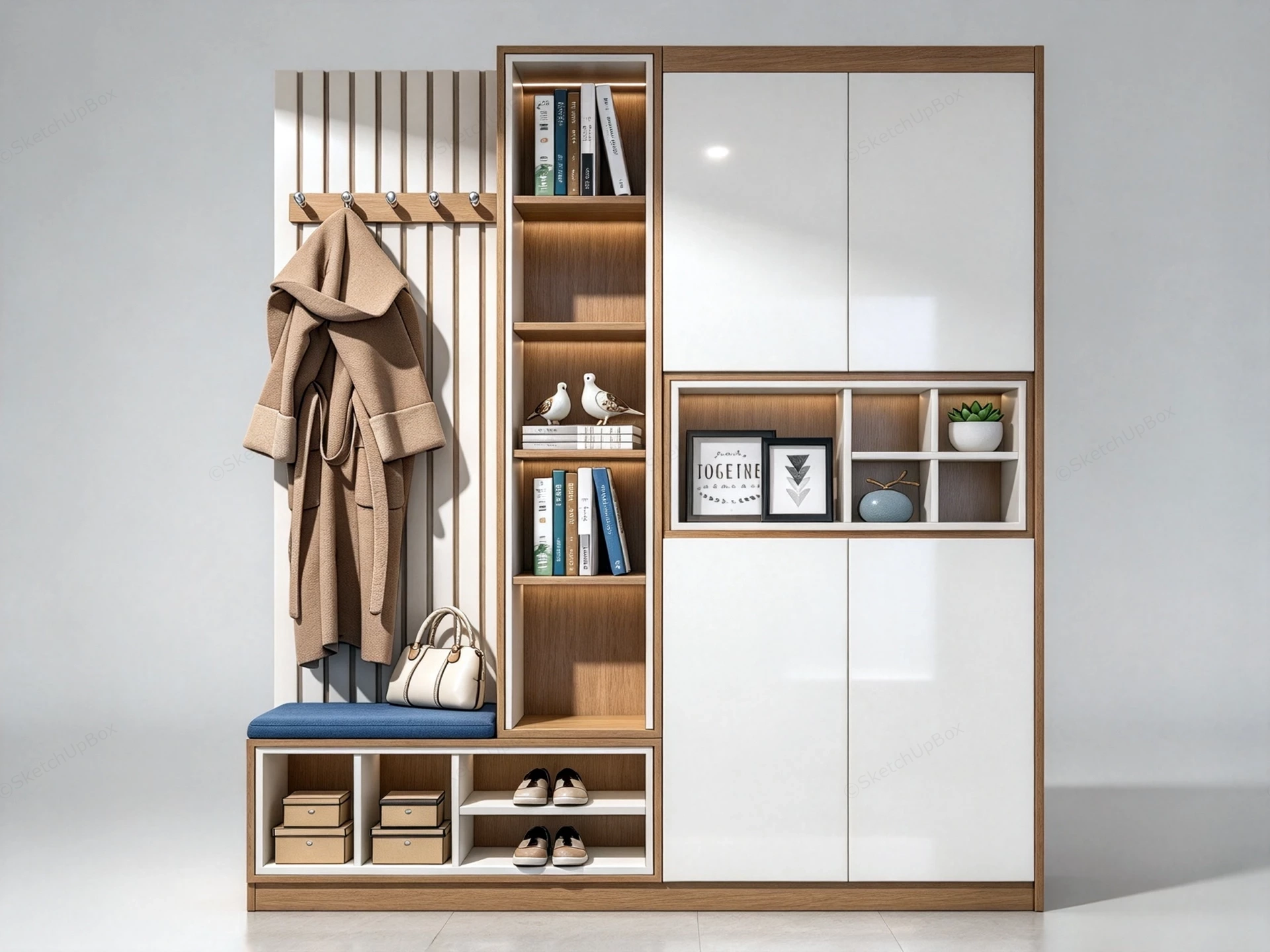 Modern Entryway Coat Rack And Shoe Bench Cabinet Sketchup 3D Model Preview - SketchupBox