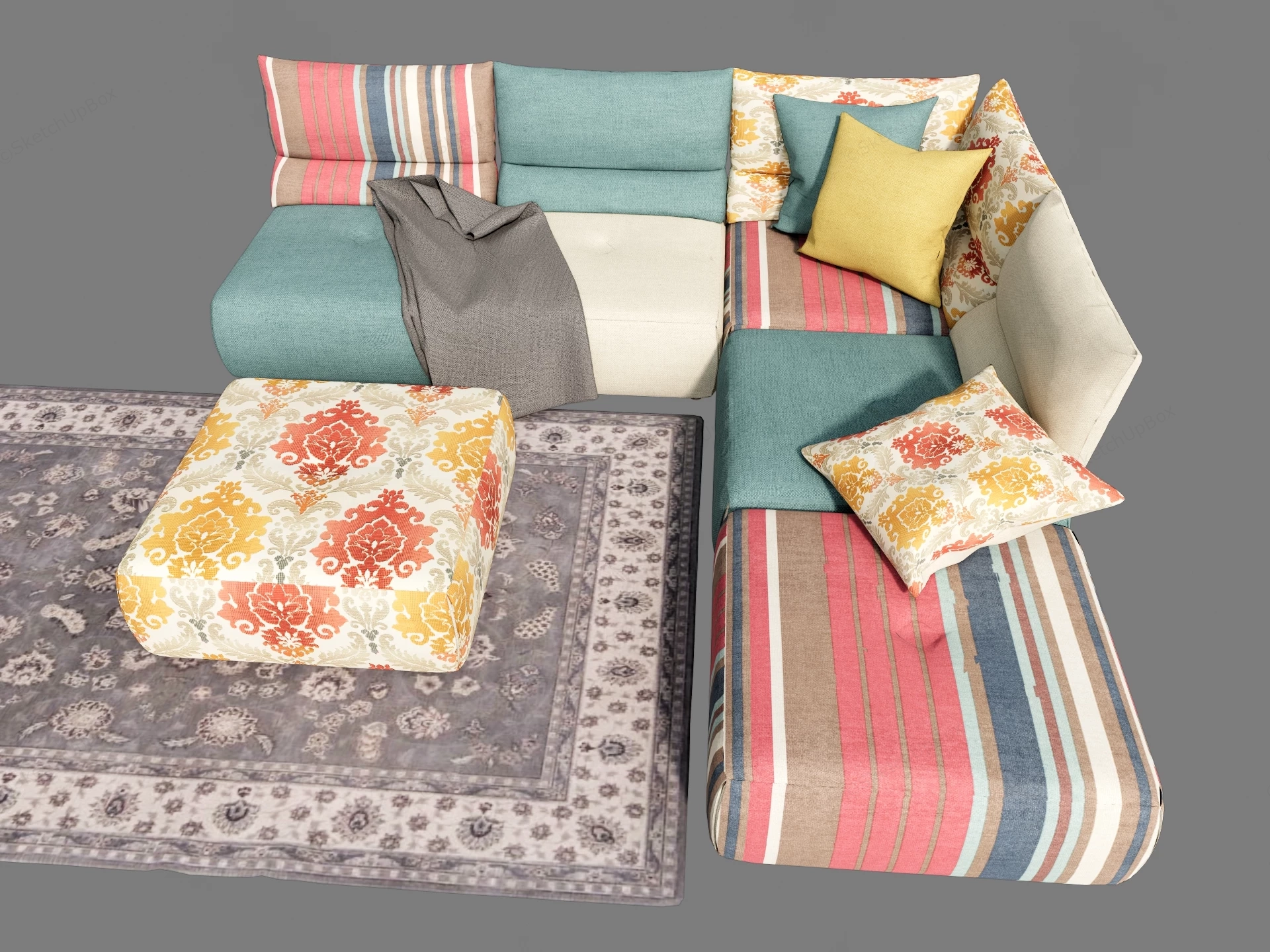 Modern Eclectic Bohemian Modular Sectional Sofa Set Sketchup 3D Model Preview - SketchupBox