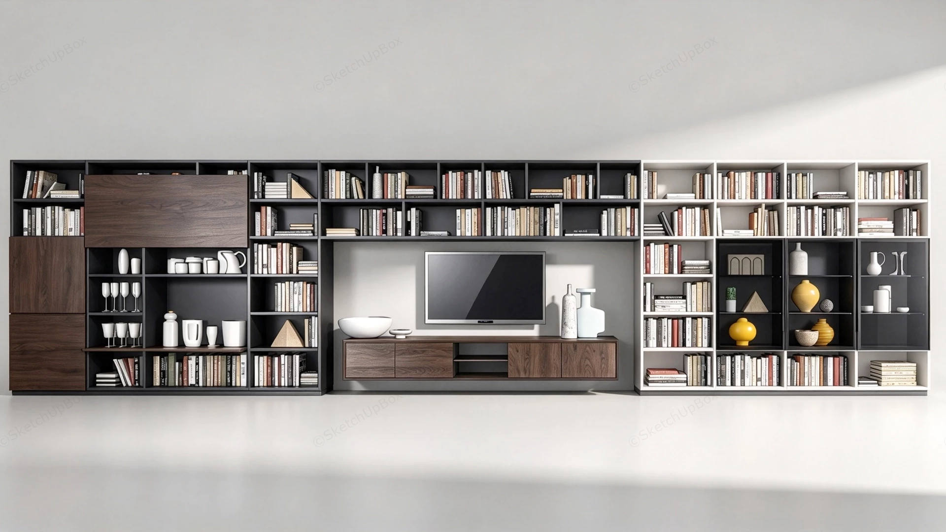 Modern Expansive Modular Wall Unit Library And Media Center Sketchup 3D Model Preview - SketchupBox