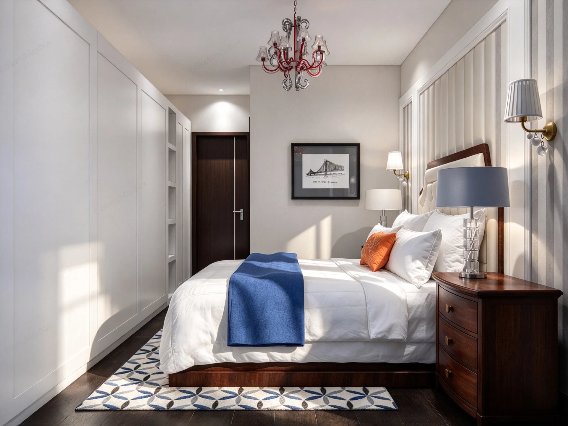 Modern Transitional Bedroom With White Wardrobes Sketchup 3D Model Preview - SketchupBox