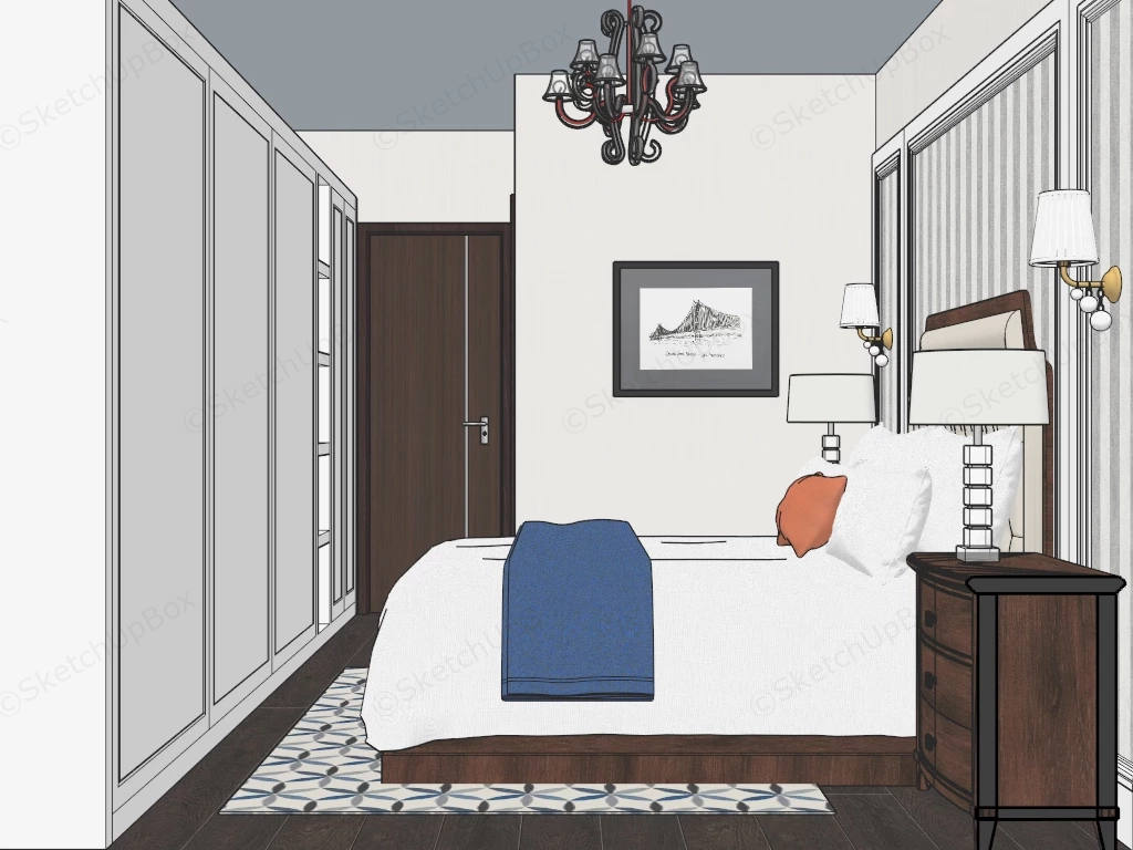 Modern Transitional Bedroom With White Wardrobes Sketchup 3D Model Preview - SketchupBox