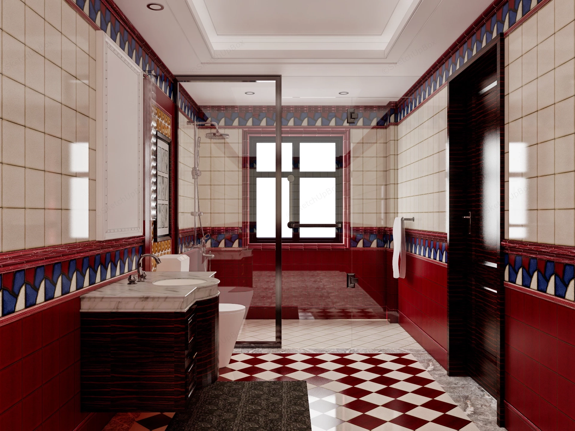 Eclectic European Red And Cream Ceramic Tile Bathroom Sketchup 3D Model Preview - SketchupBox