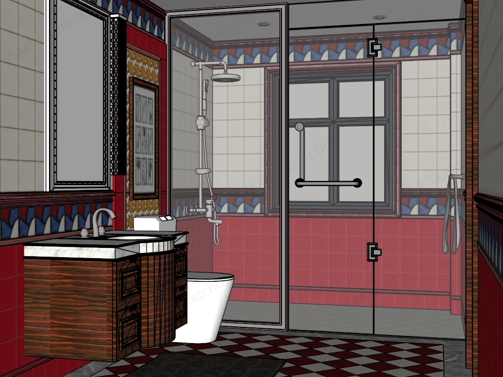 Eclectic European Red And Cream Ceramic Tile Bathroom Sketchup 3D Model Preview - SketchupBox