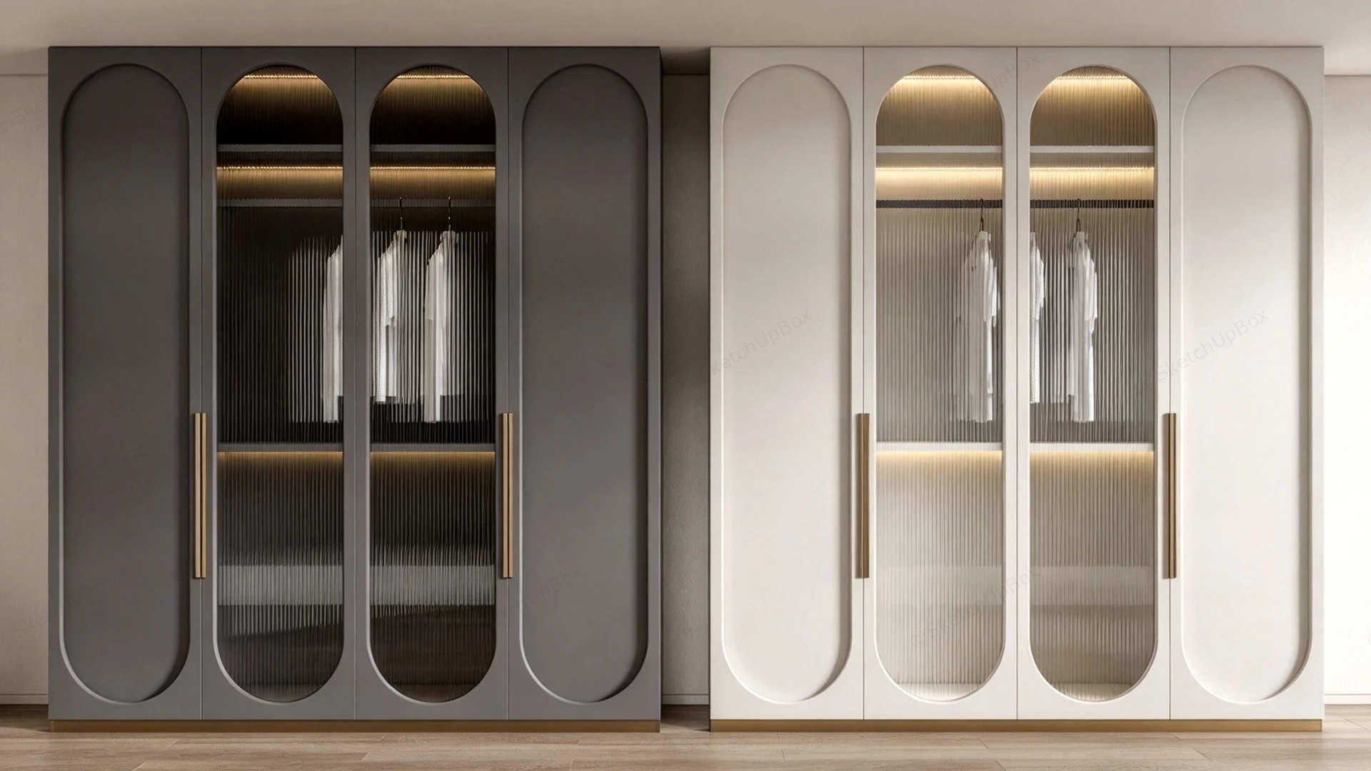 Modern Arched Fluted Glass Built In Wardrobes Sketchup 3D Model Preview - SketchupBox