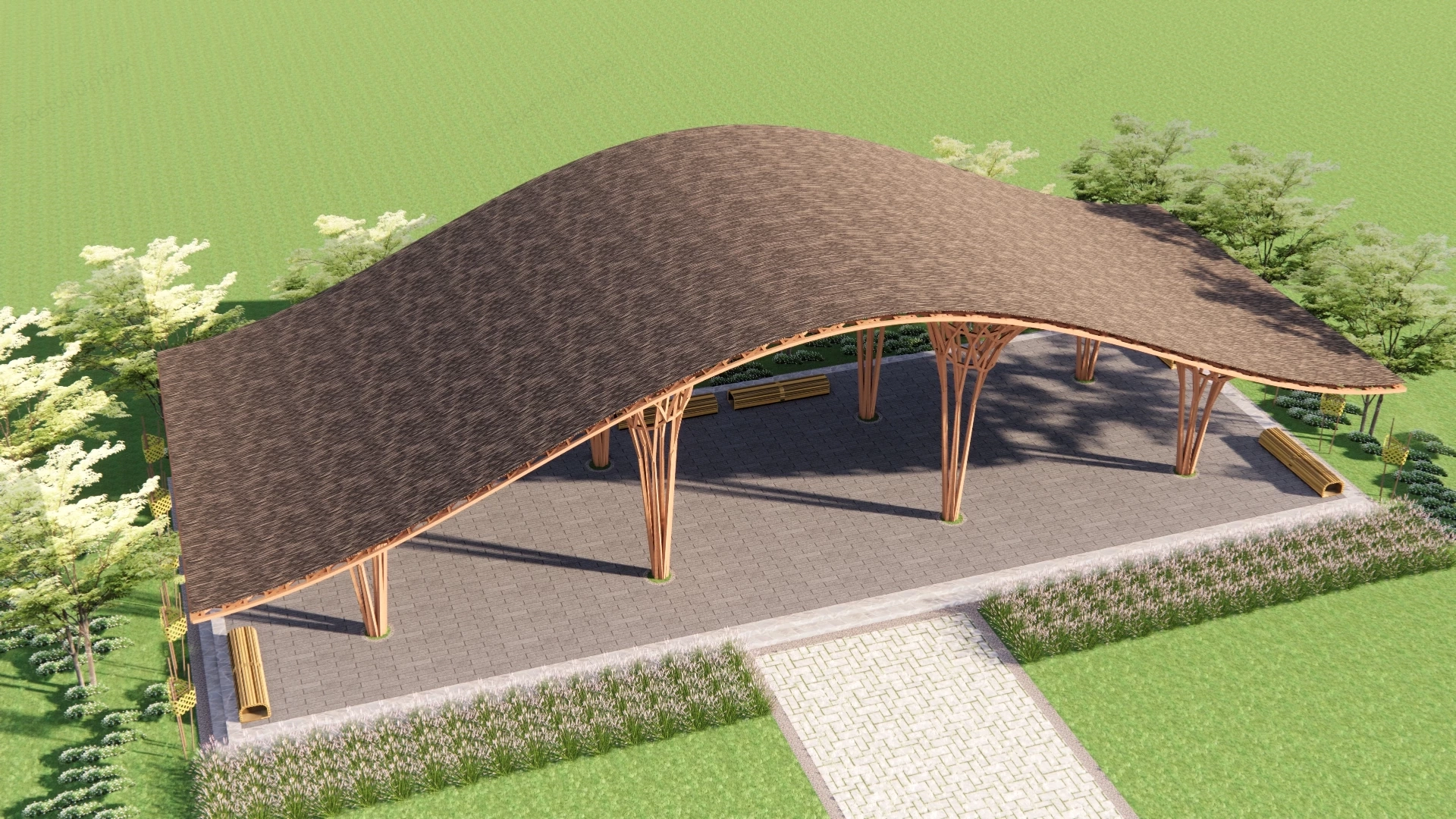 Modern Parametric Bamboo Woven Canopy Pavilion Sketchup 3D Model Preview - SketchupBox