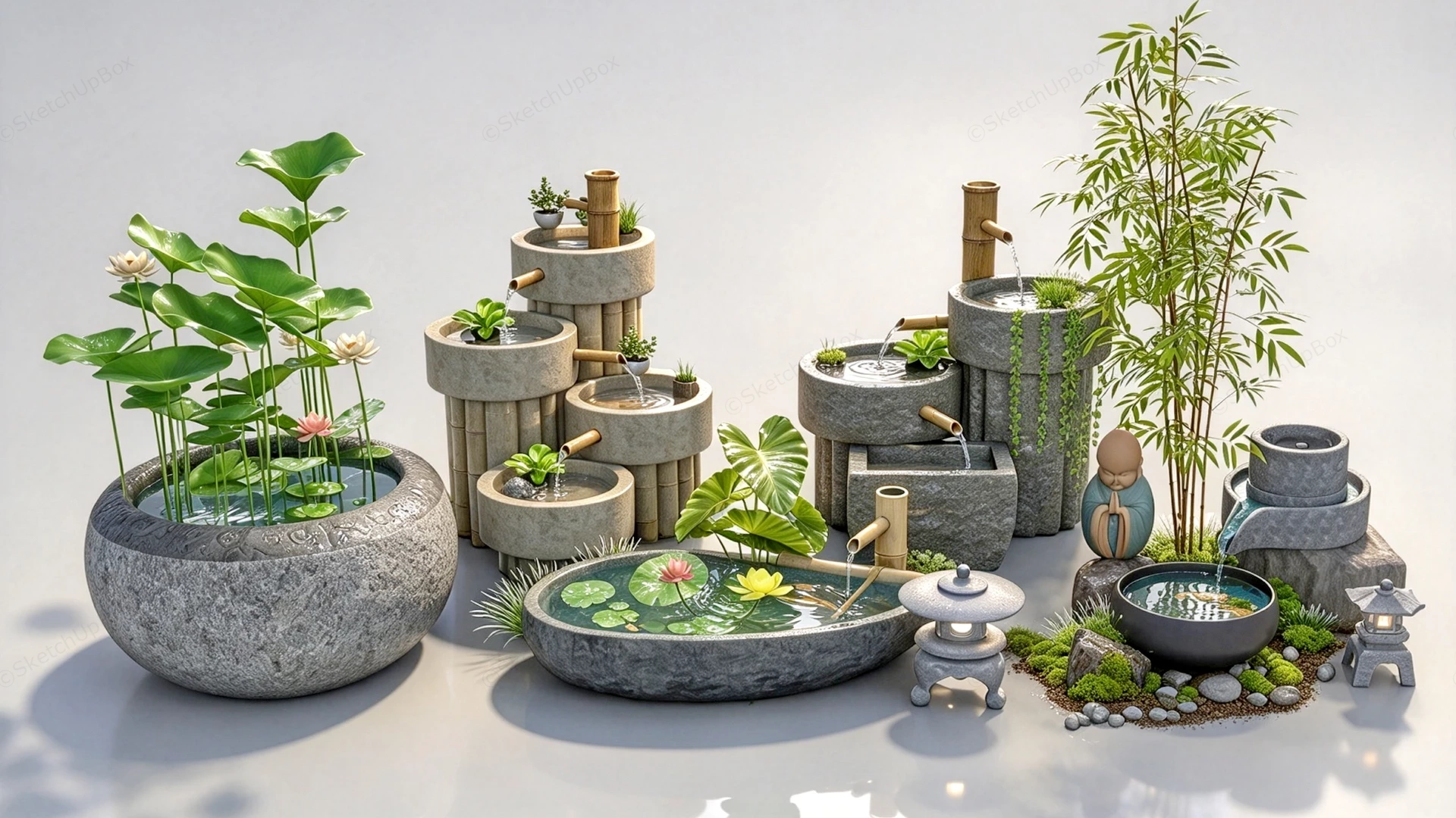 Traditional Zen Garden Stone Water Fountain Collection Sketchup 3D Model Preview - SketchupBox