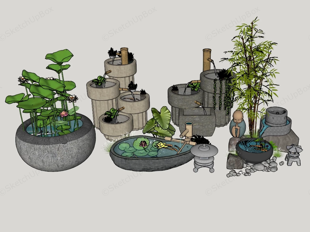 Traditional Zen Garden Stone Water Fountain Collection Sketchup 3D Model Preview - SketchupBox