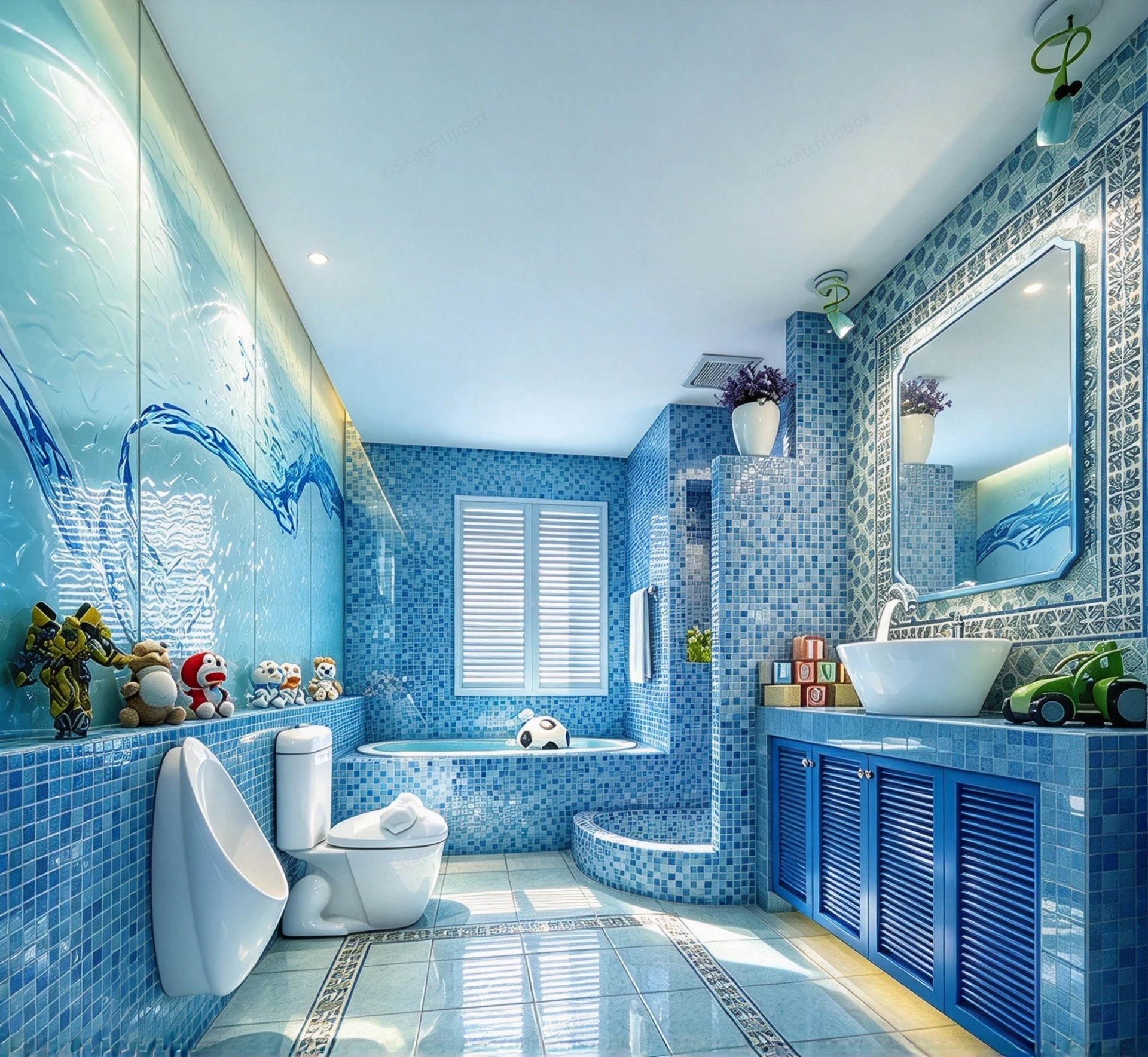 Vibrant Mediterranean Blue Aquatic Children's Mosaic Bathroom Sketchup 3D Model Preview - SketchupBox