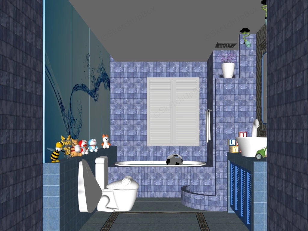Vibrant Mediterranean Blue Aquatic Children's Mosaic Bathroom Sketchup 3D Model Preview - SketchupBox