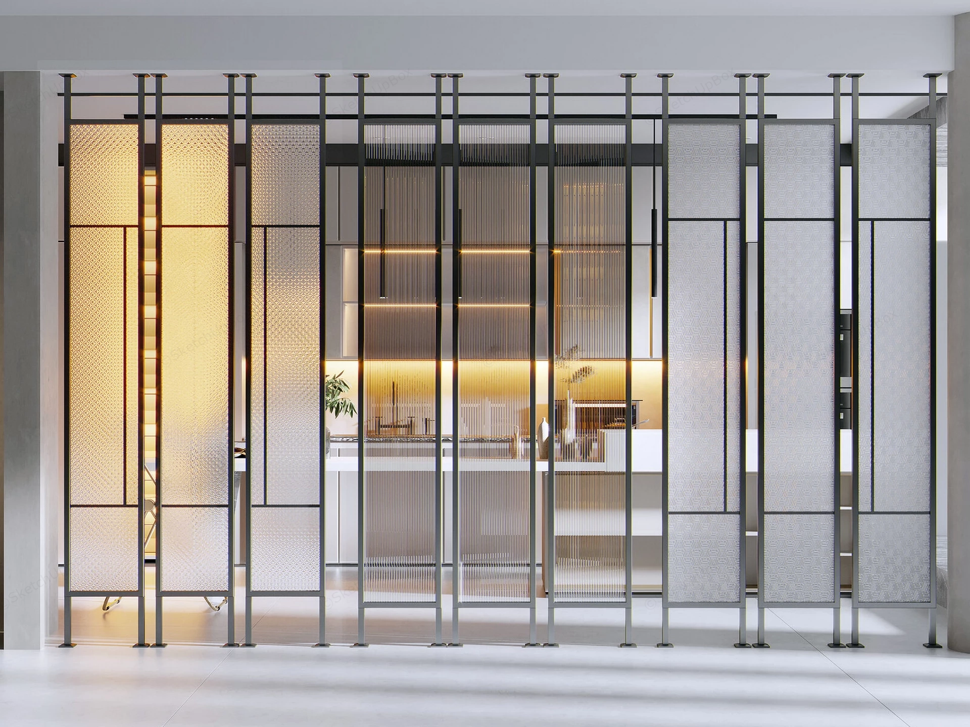 Modern Floor To Ceiling Textured Glass Screen Partition Sketchup 3D Model Preview - SketchupBox