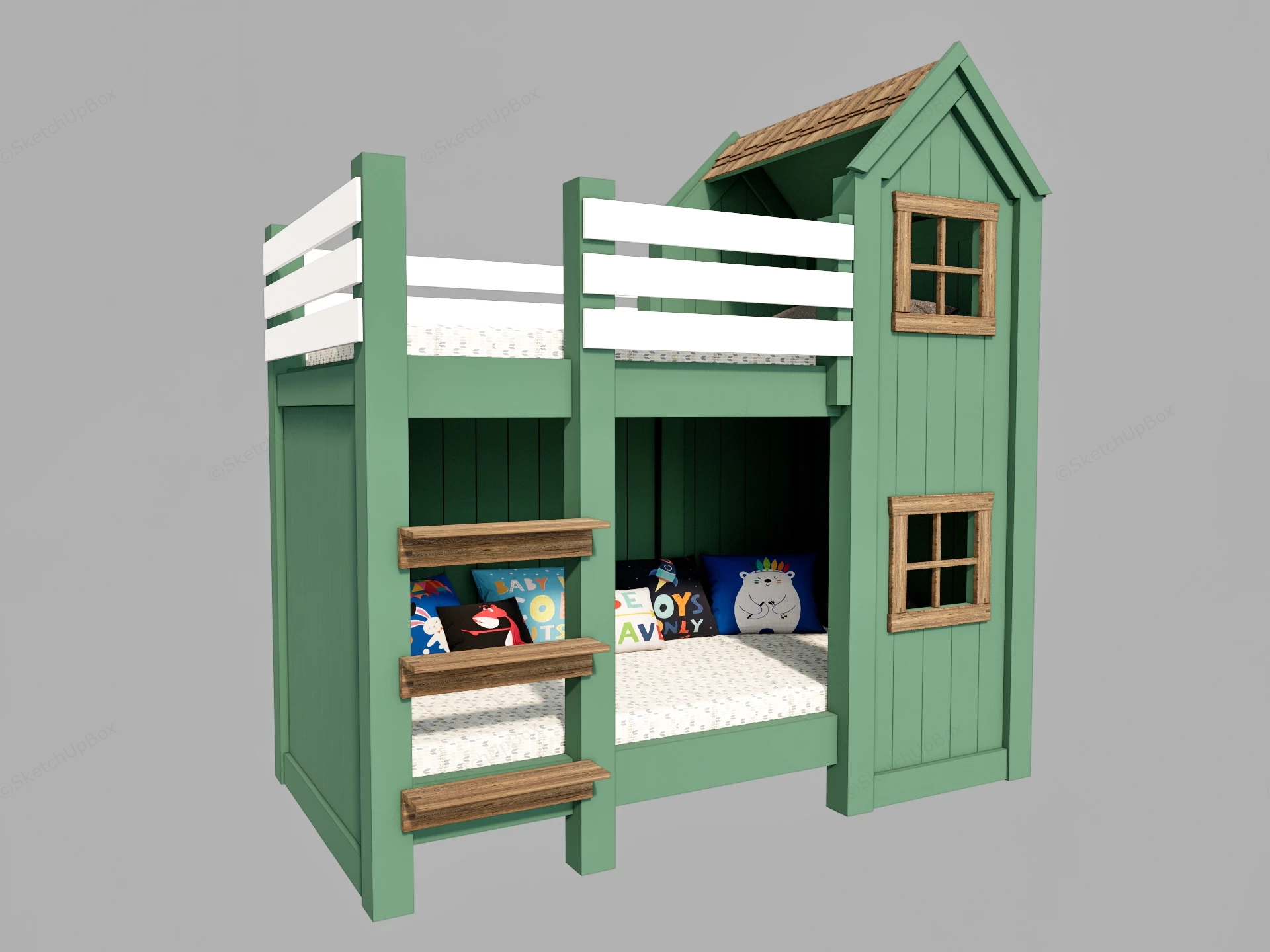 Modern Children's Sage Green Playhouse Bunk Bed Sketchup 3D Model Preview - SketchupBox