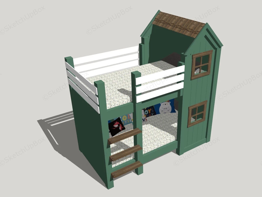 Modern Children's Sage Green Playhouse Bunk Bed Sketchup 3D Model Preview - SketchupBox