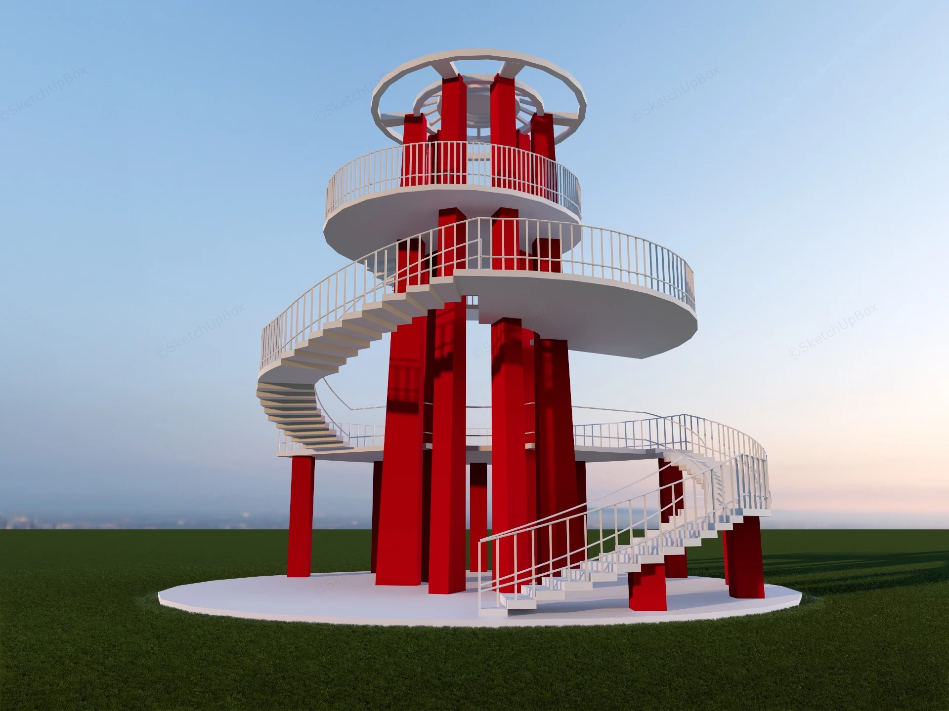 Modern Red And White Spiral Observation Tower Sketchup 3D Model Preview - SketchupBox