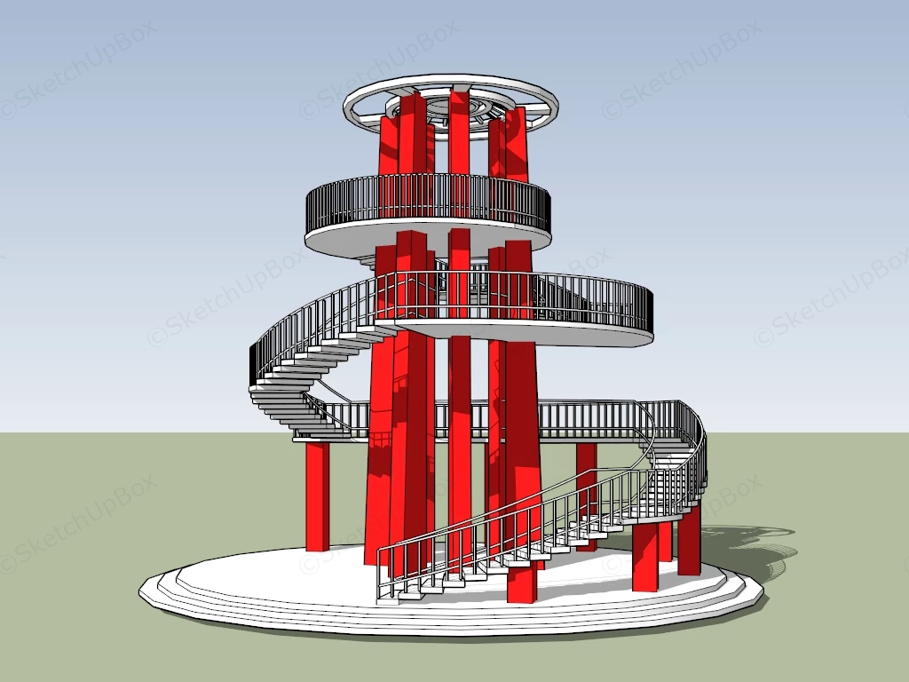 Modern Red And White Spiral Observation Tower Sketchup 3D Model Preview - SketchupBox