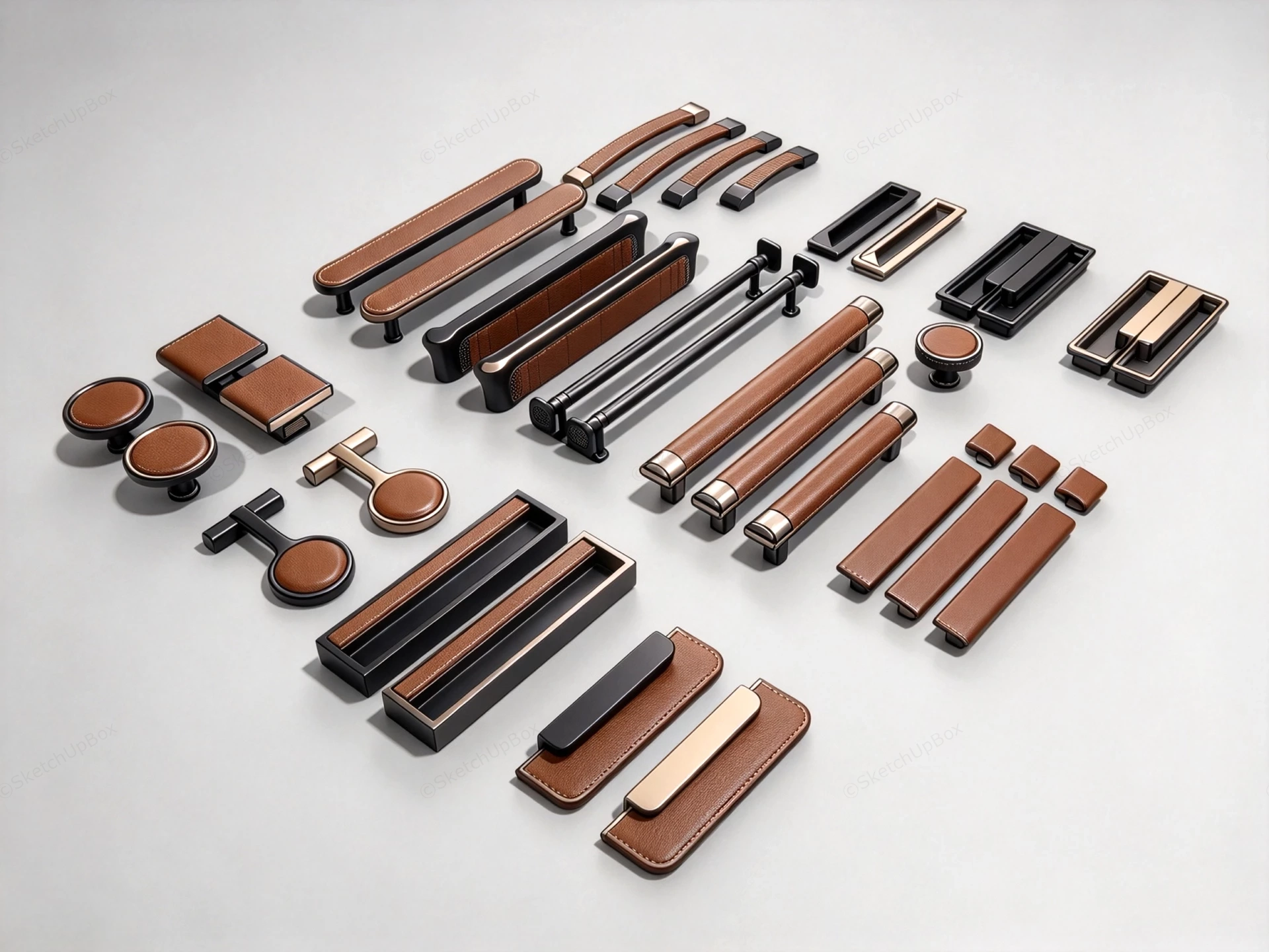 Modern Luxury Leather And Metal Cabinet Handle Hardware Collection Sketchup 3D Model Preview - SketchupBox