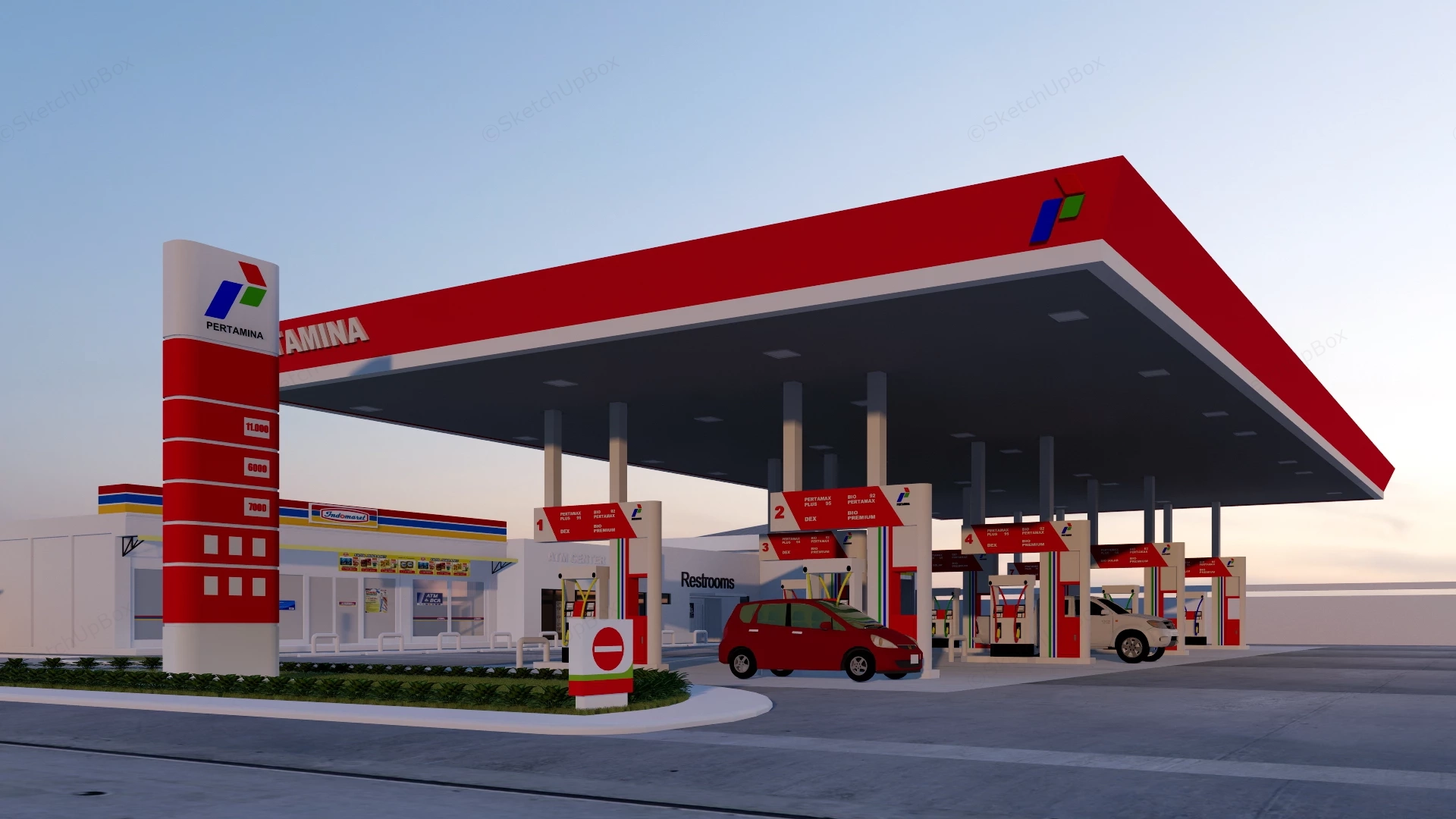 Modern Pertamina Gas Station And Convenience Store Service Complex Sketchup 3D Model Preview - SketchupBox