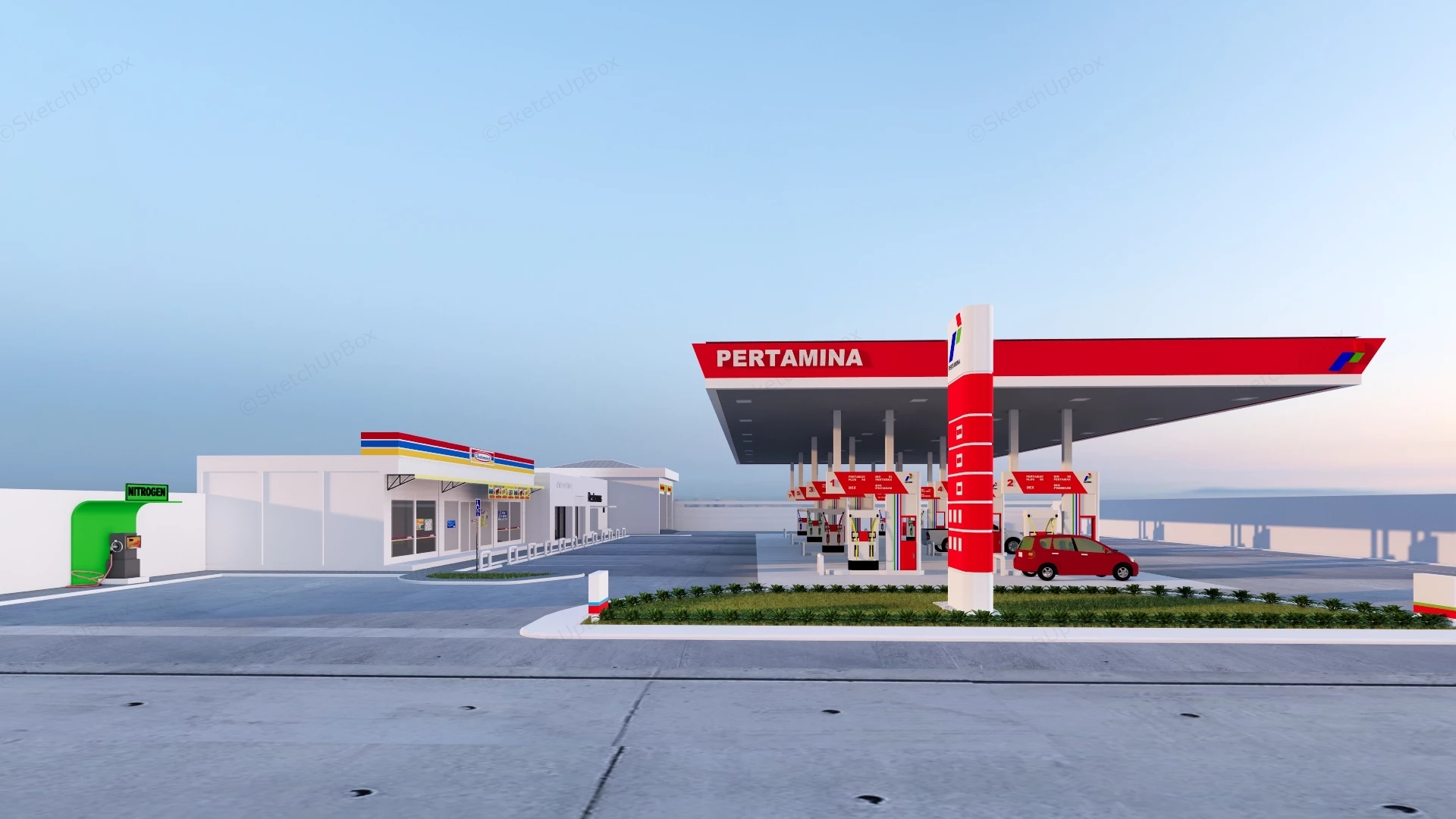 Modern Pertamina Gas Station And Convenience Store Service Complex Sketchup 3D Model Preview - SketchupBox