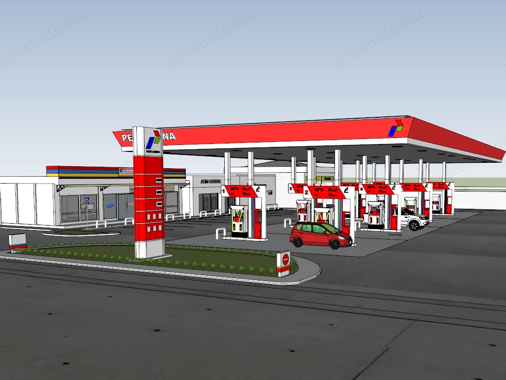Modern Pertamina Gas Station And Convenience Store Service Complex Sketchup 3D Model Preview - SketchupBox