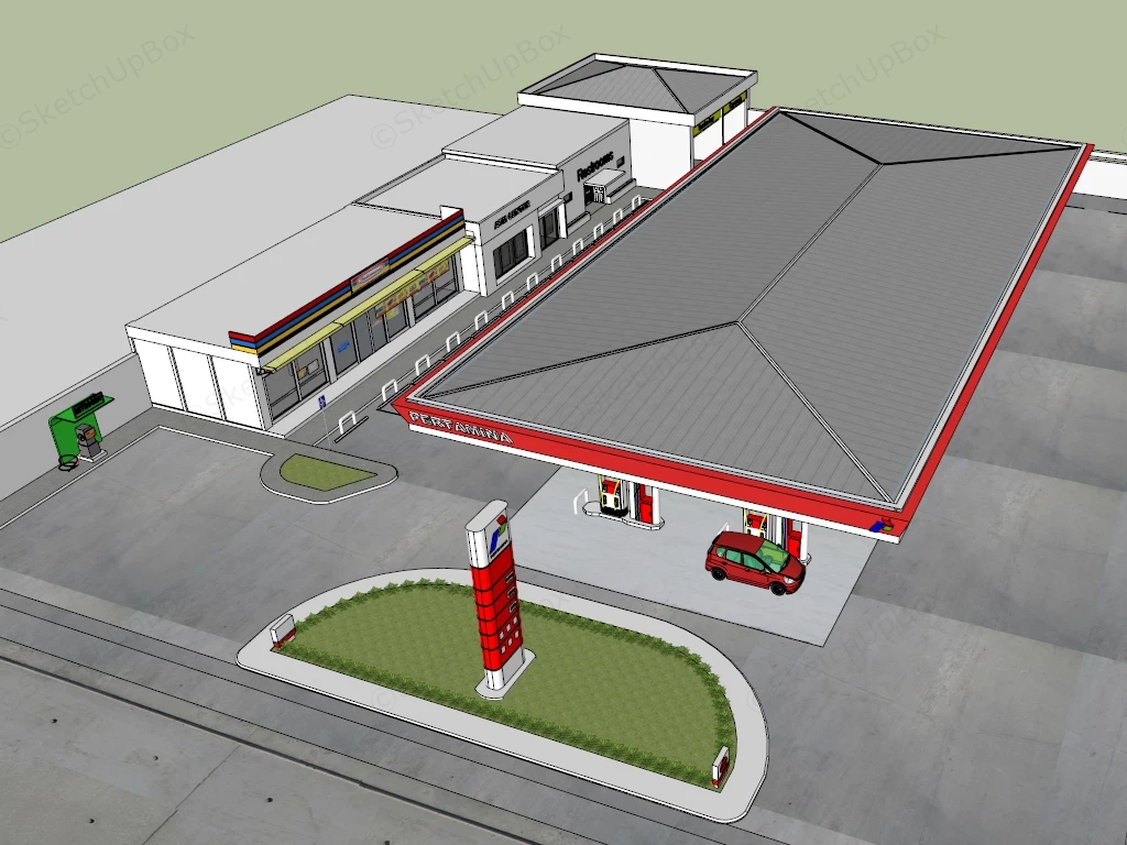 Modern Pertamina Gas Station And Convenience Store Service Complex Sketchup 3D Model Preview - SketchupBox