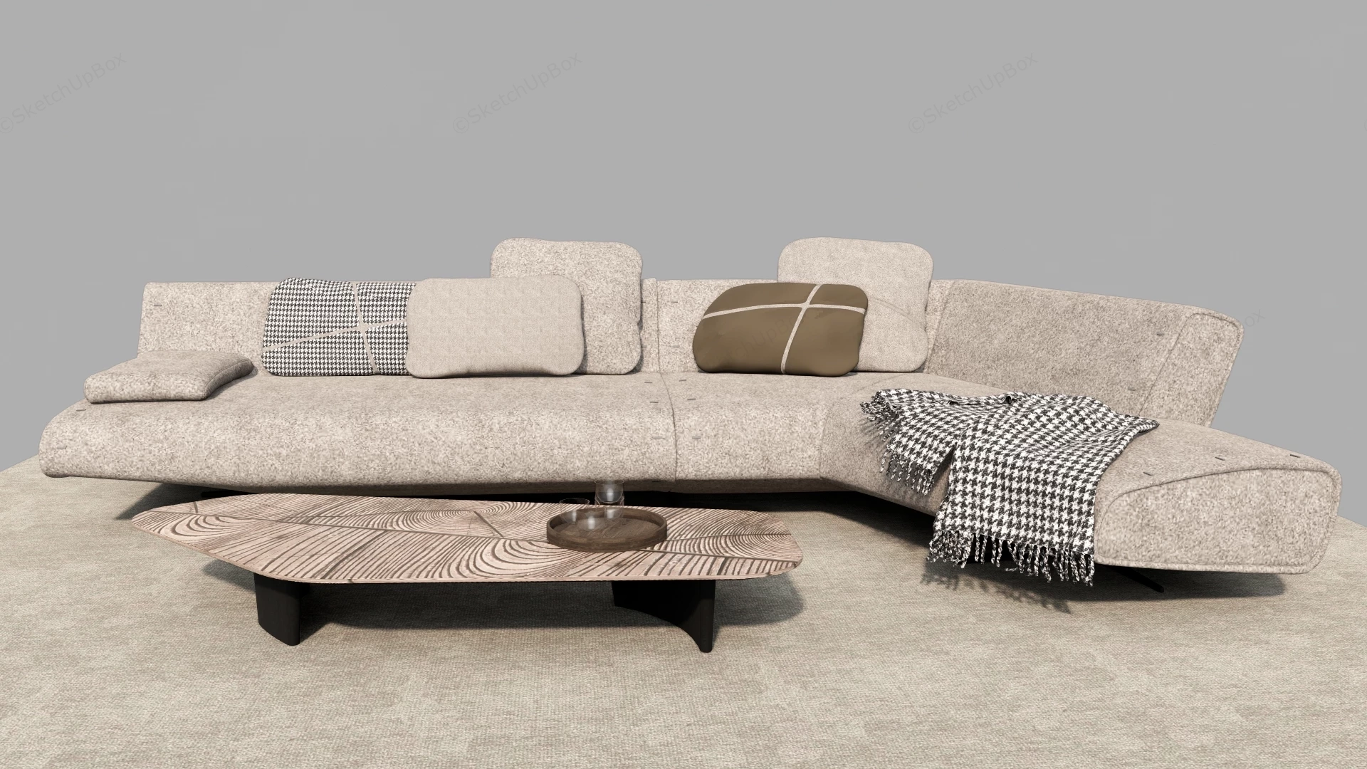 Modern Angled Sectional Sofa And Wood Coffee Table Sketchup 3D Model Preview - SketchupBox