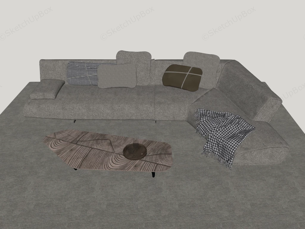 Modern Angled Sectional Sofa And Wood Coffee Table Sketchup 3D Model Preview - SketchupBox