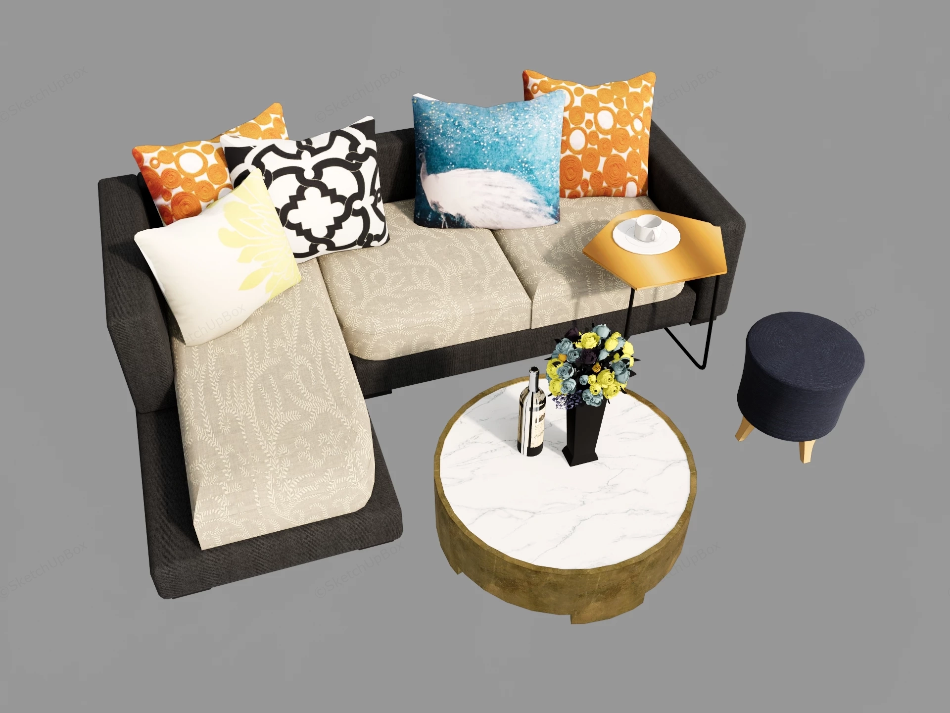 L Shaped Sectional Sofa And Marble Coffee Table Set Sketchup 3D Model Preview - SketchupBox