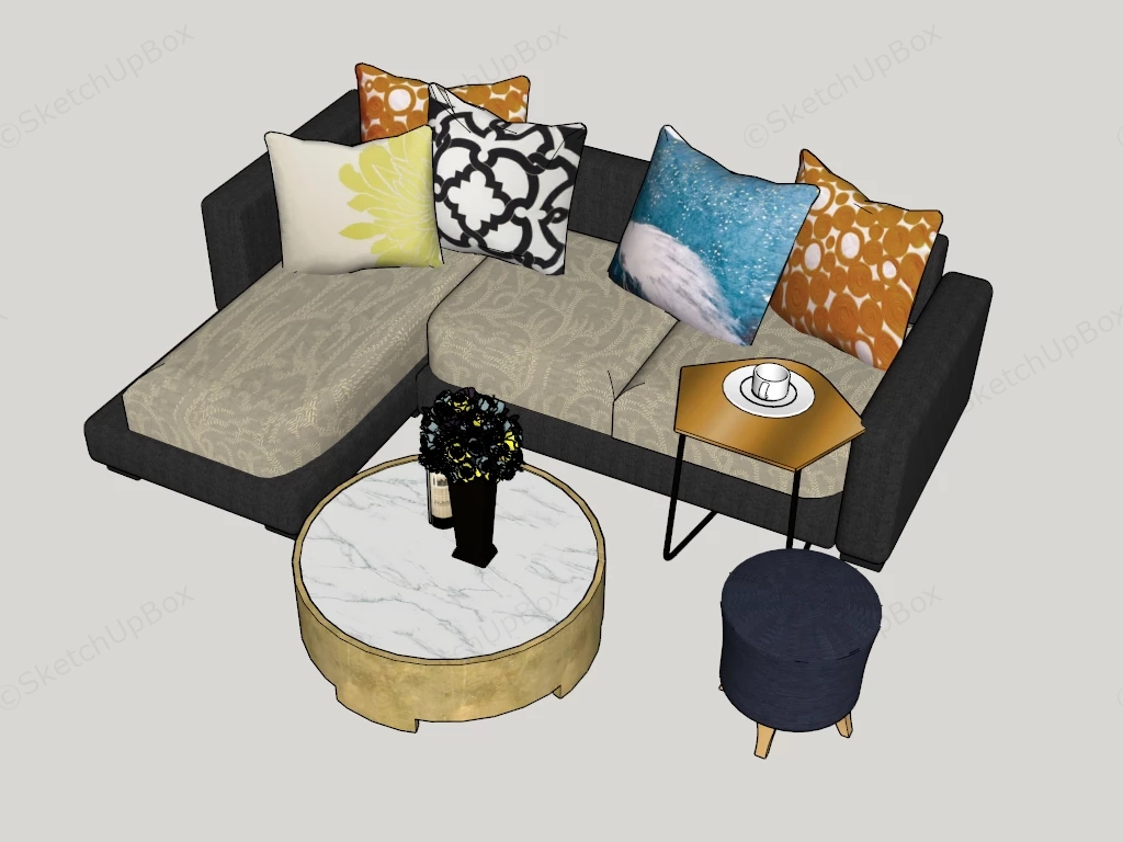 L Shaped Sectional Sofa And Marble Coffee Table Set Sketchup 3D Model Preview - SketchupBox