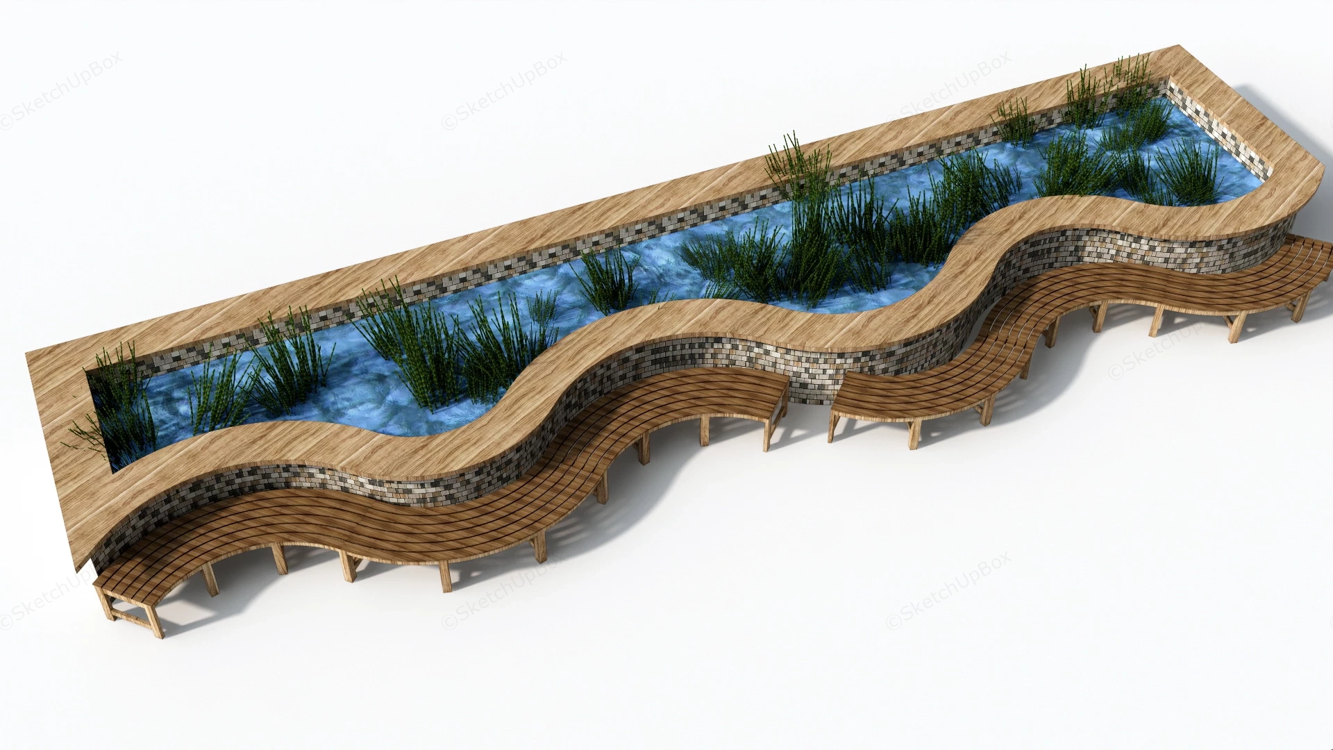 Serpentine Water Feature And Public Seating Bench Sketchup 3D Model Preview - SketchupBox