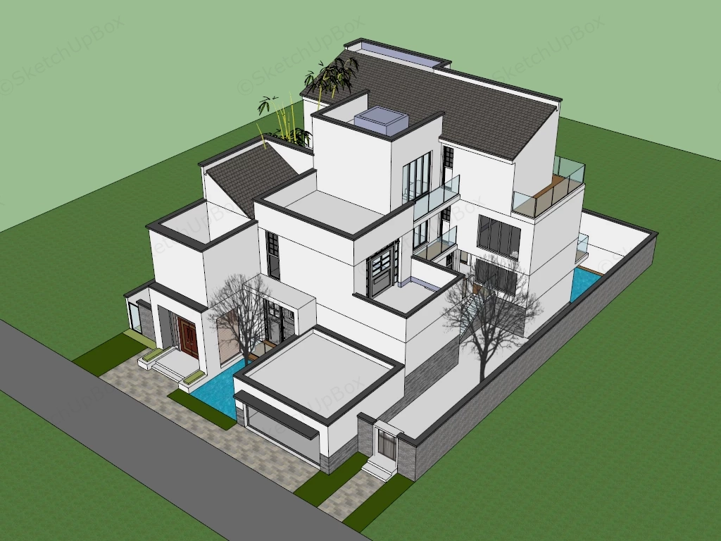 Modern New Chinese Style Multi Story Villa Sketchup 3D Model Preview - SketchupBox