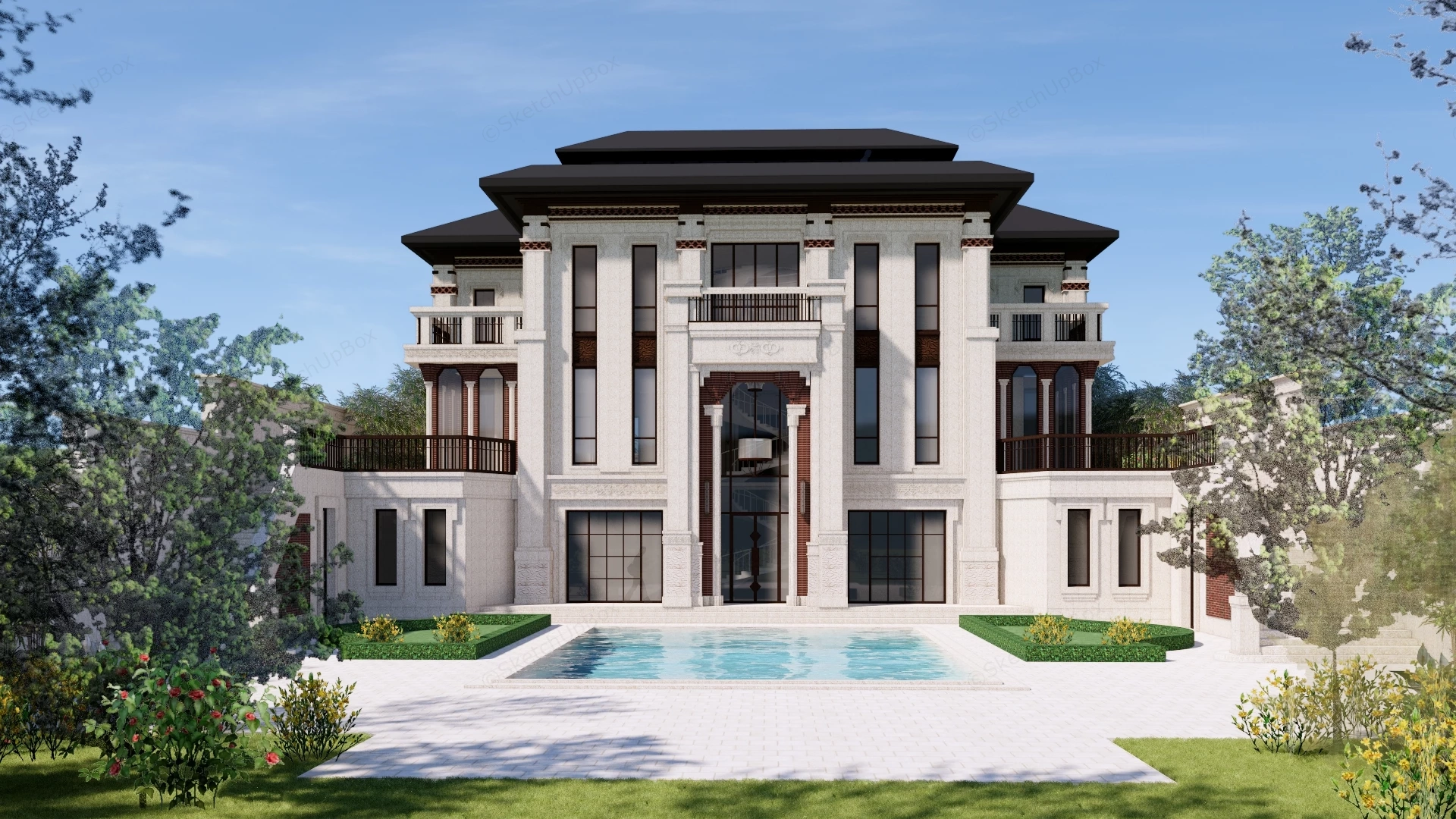 Modern Chinese Luxury Mansion Sketchup 3D Model Preview - SketchupBox