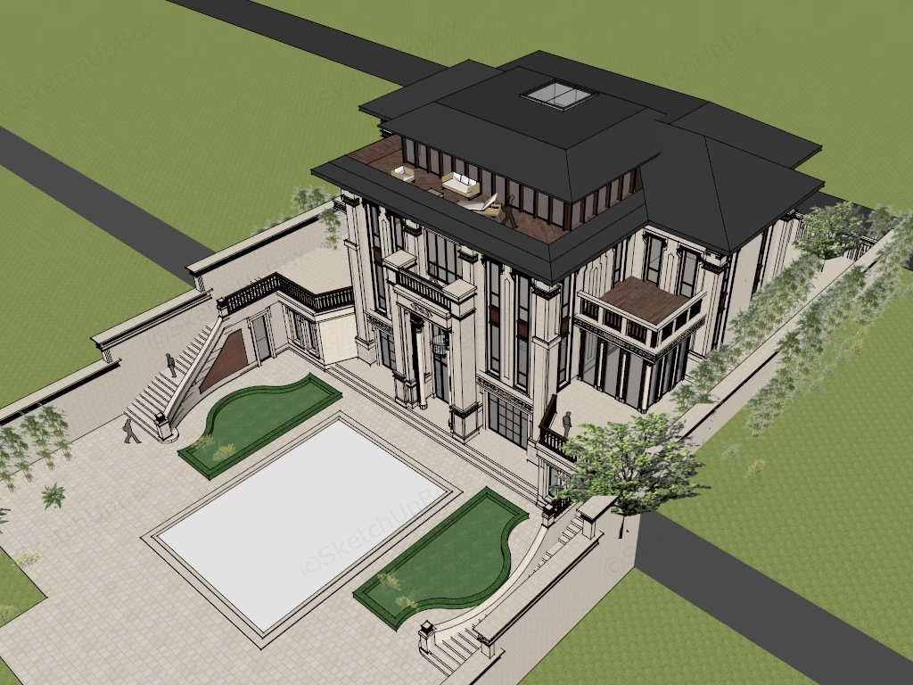 Modern Chinese Luxury Mansion Sketchup 3D Model Preview - SketchupBox