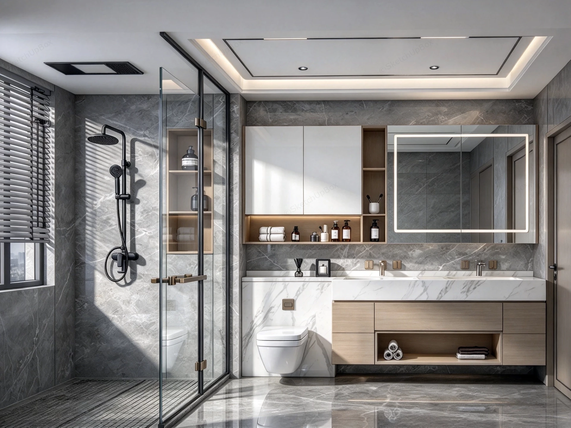 Modern Luxury Grey Marble Master Bathroom With Shower Sketchup 3D Model Preview - SketchupBox