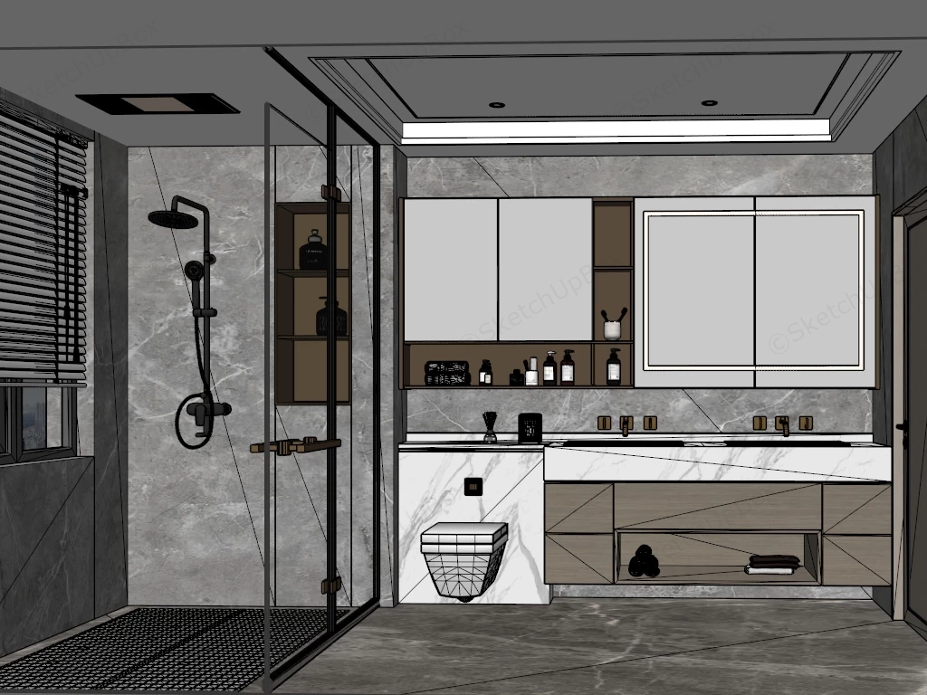 Modern Luxury Grey Marble Master Bathroom With Shower Sketchup 3D Model Preview - SketchupBox