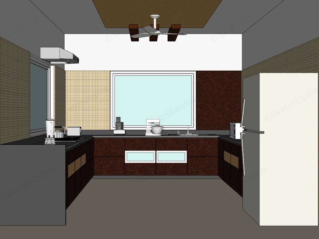 Modern U Shaped Dark Timber Kitchen Sketchup 3D Model Preview - SketchupBox