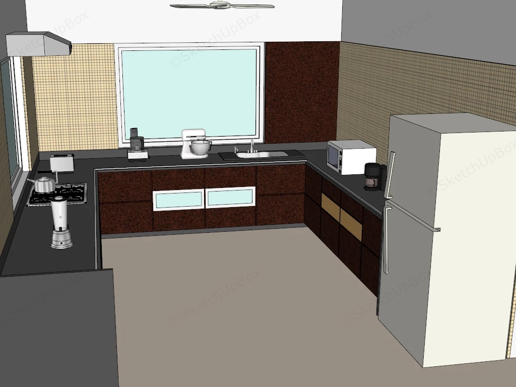 Modern U Shaped Dark Timber Kitchen Sketchup 3D Model Preview - SketchupBox